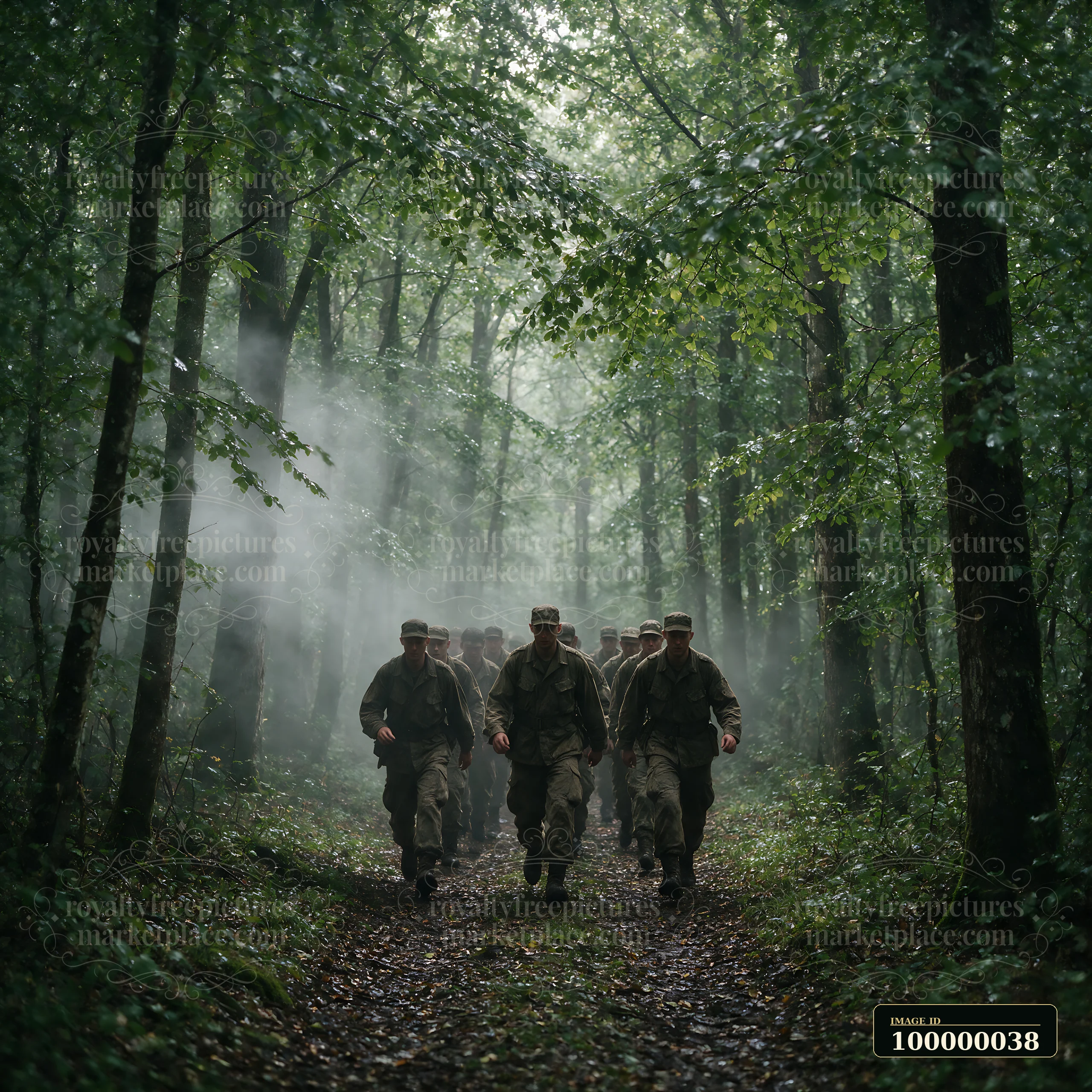 Soldiers march together along a misty, leaf-covered trail through a dense forest.