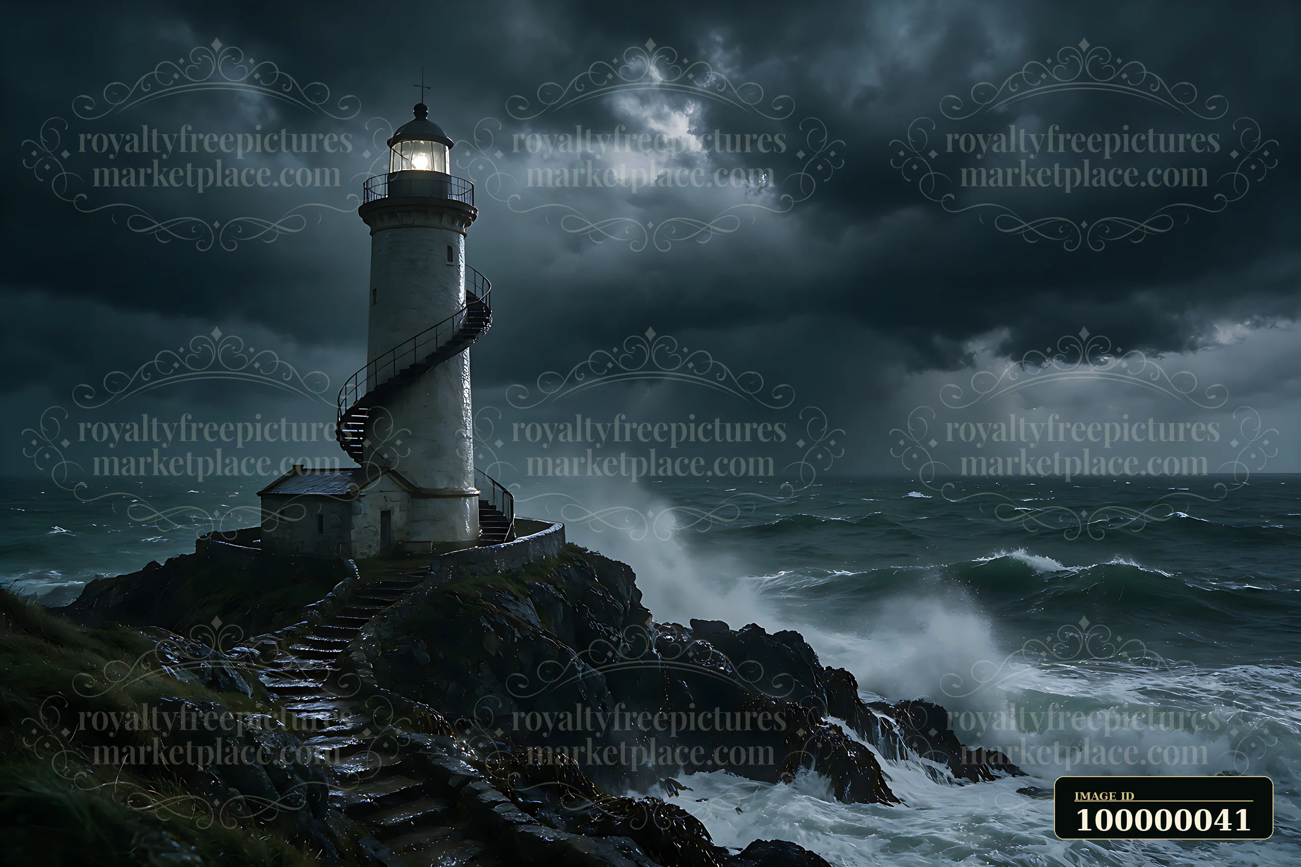 Lighthouse on a rocky coast overlooks rough waves beneath dark storm clouds.