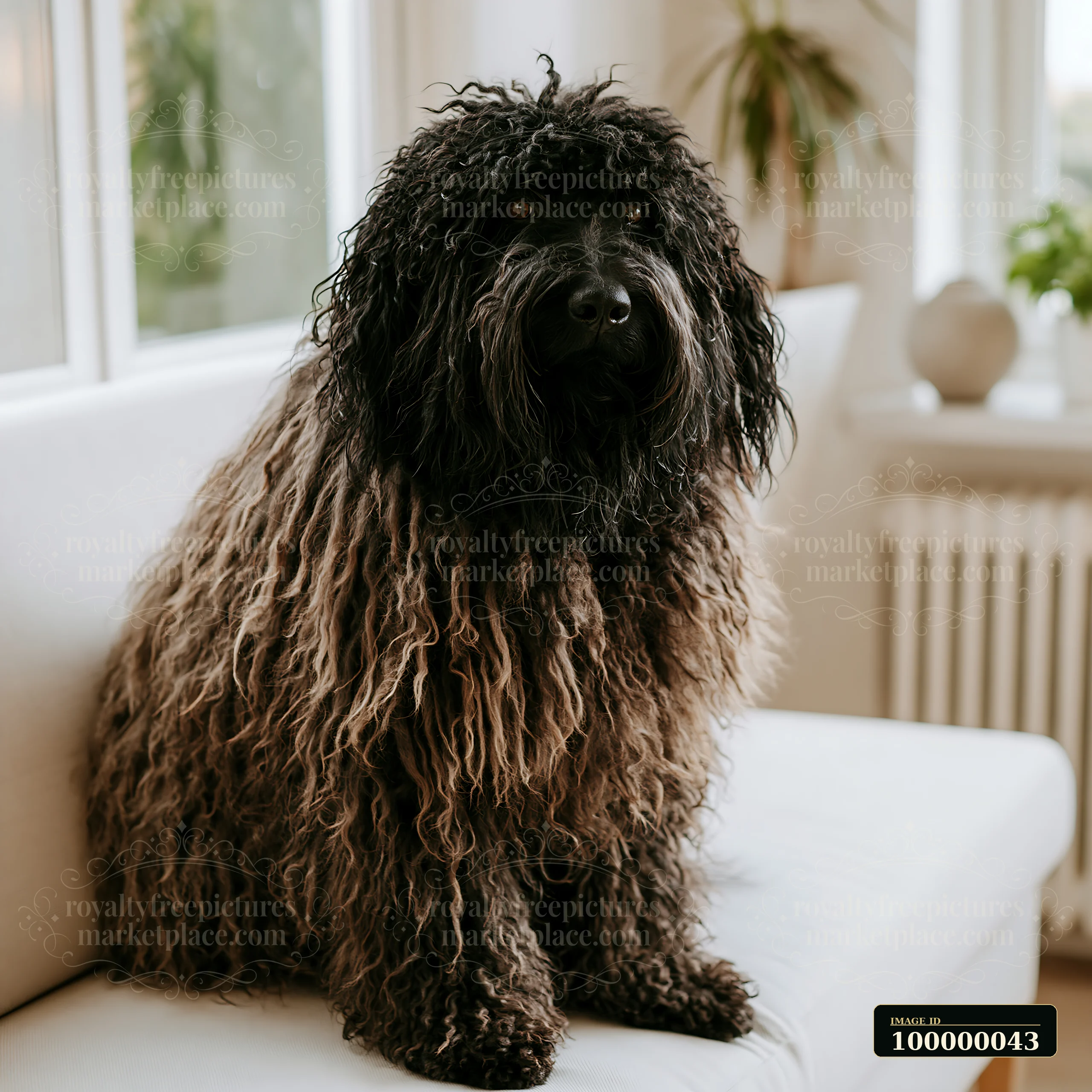 Long-haired black dog sits on a light sofa in a bright home interior.