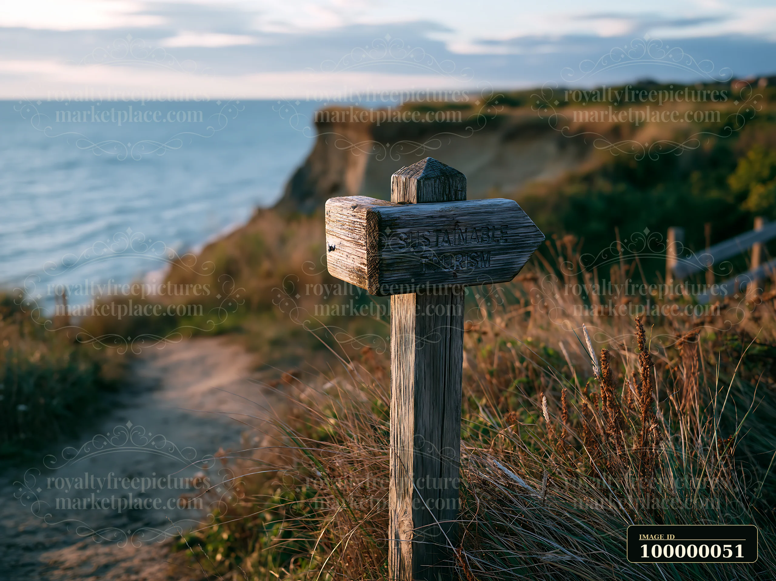 Weathered sustainable tourism sign beside a coastal path overlooking sea cliffs and grassy shoreline.