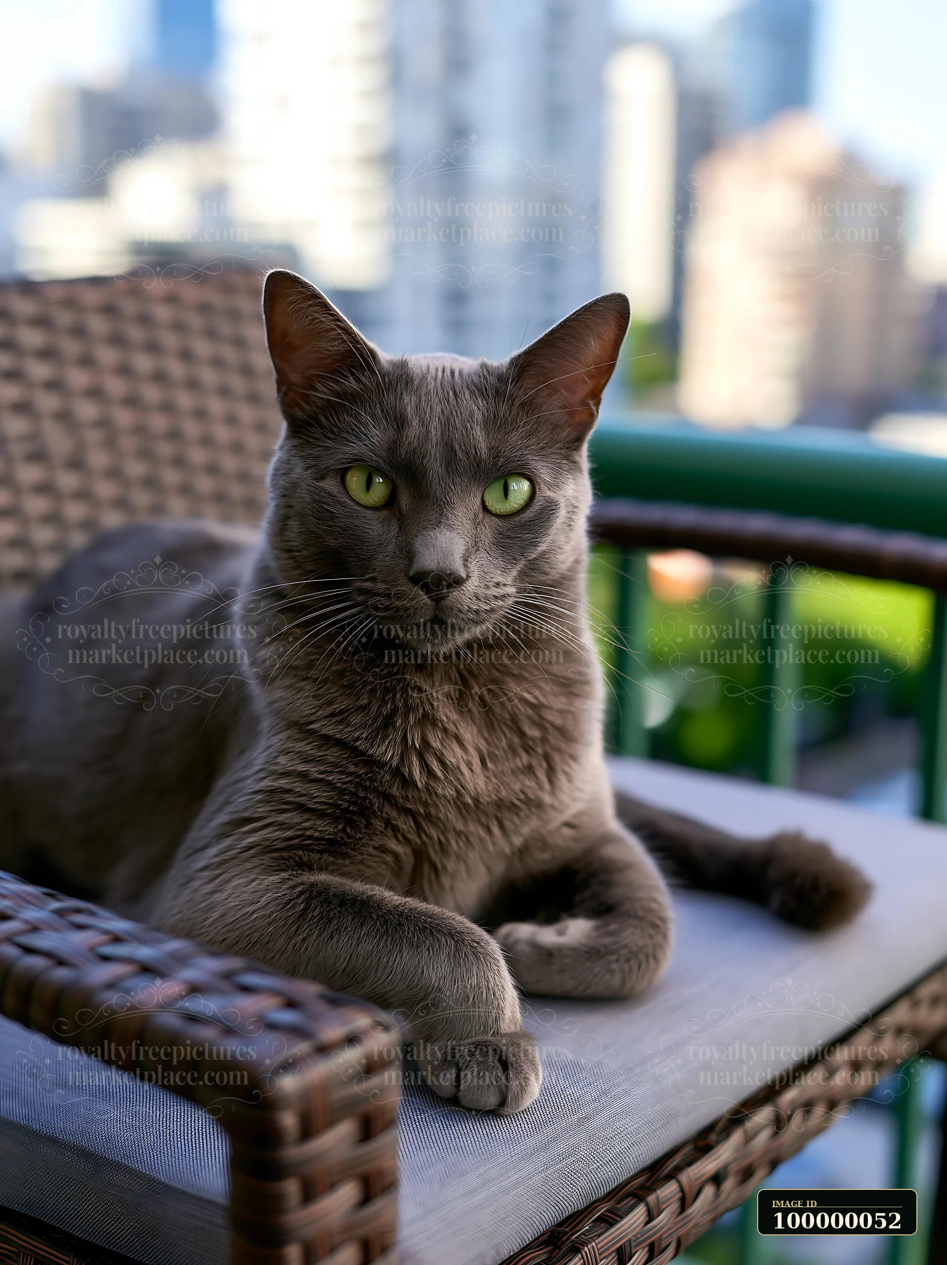 Gray Australian Mist cat resting on a wicker balcony chair with blurred city buildings behind it.