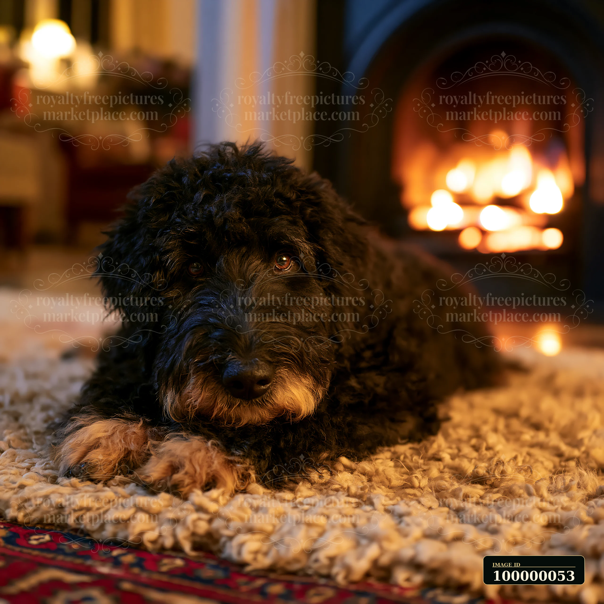 Curly-coated dog rests on a soft rug beside a glowing fireplace in a warm home interior.