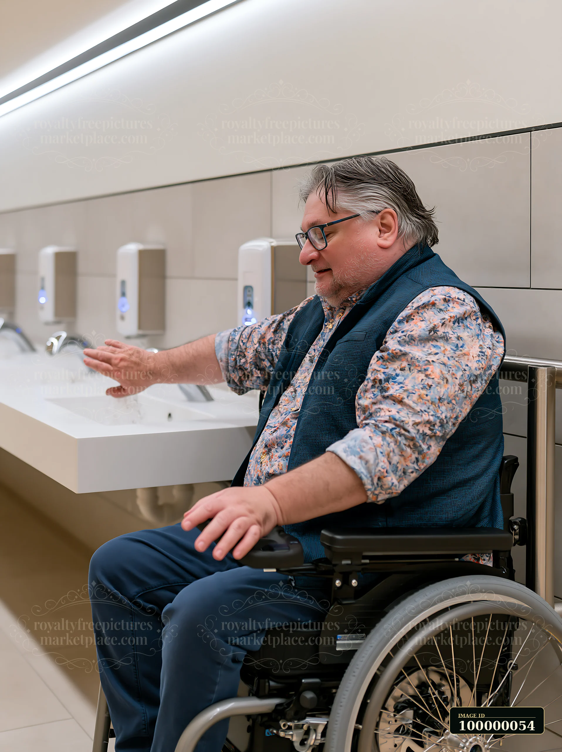 Man in a wheelchair reaches toward an accessible sink in a clean restroom.