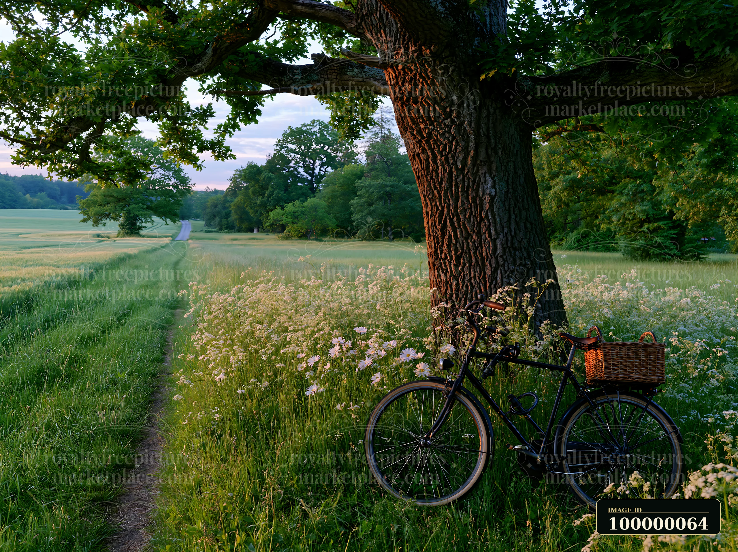 Bicycle with a wicker basket beneath a large oak tree in a flower-filled meadow