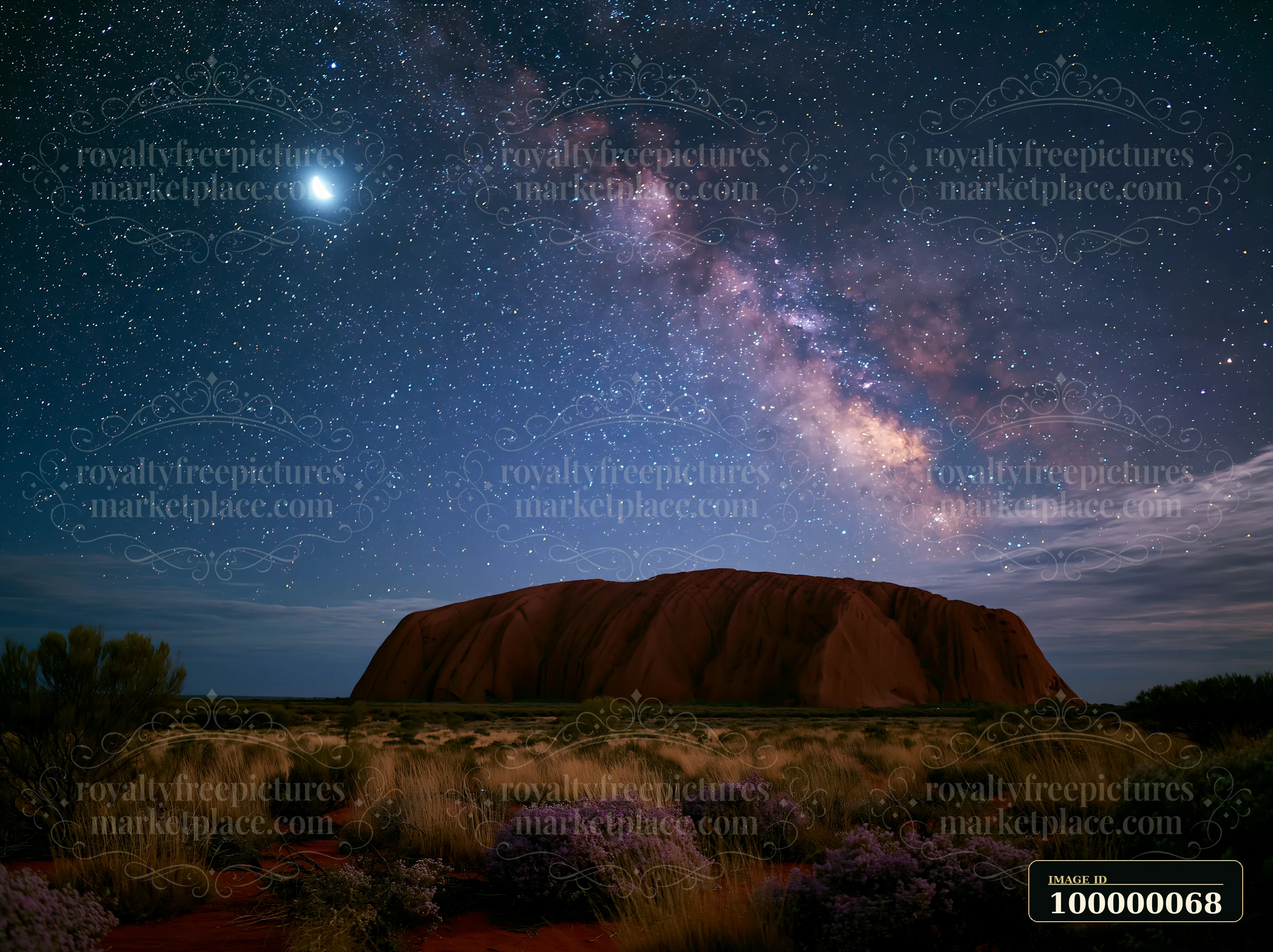 Uluru rises beneath a star-filled sky and Milky Way, with a crescent moon and desert vegetation in the foreground.