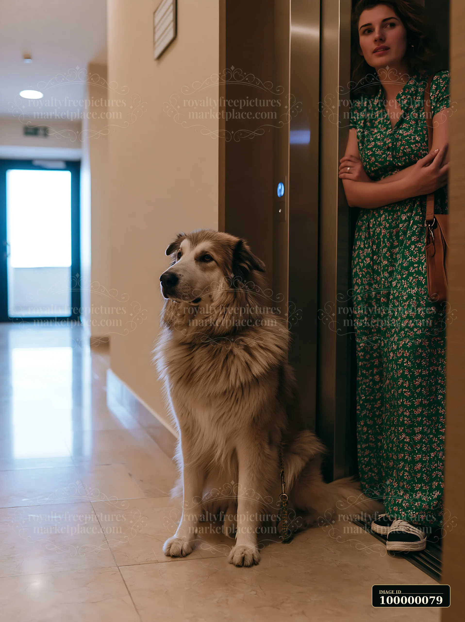 Large long-haired dog sits beside a woman in a hotel elevator doorway.