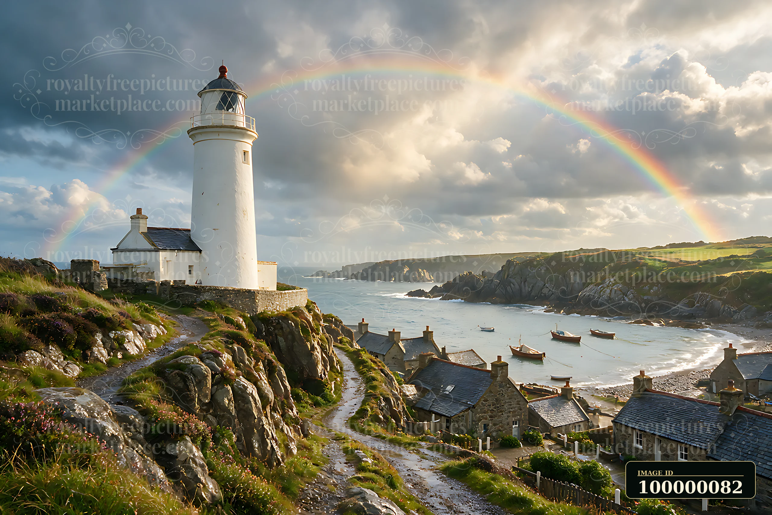 White lighthouse overlooks a rocky fishing village and coastal cove beneath dramatic clouds and a rainbow.