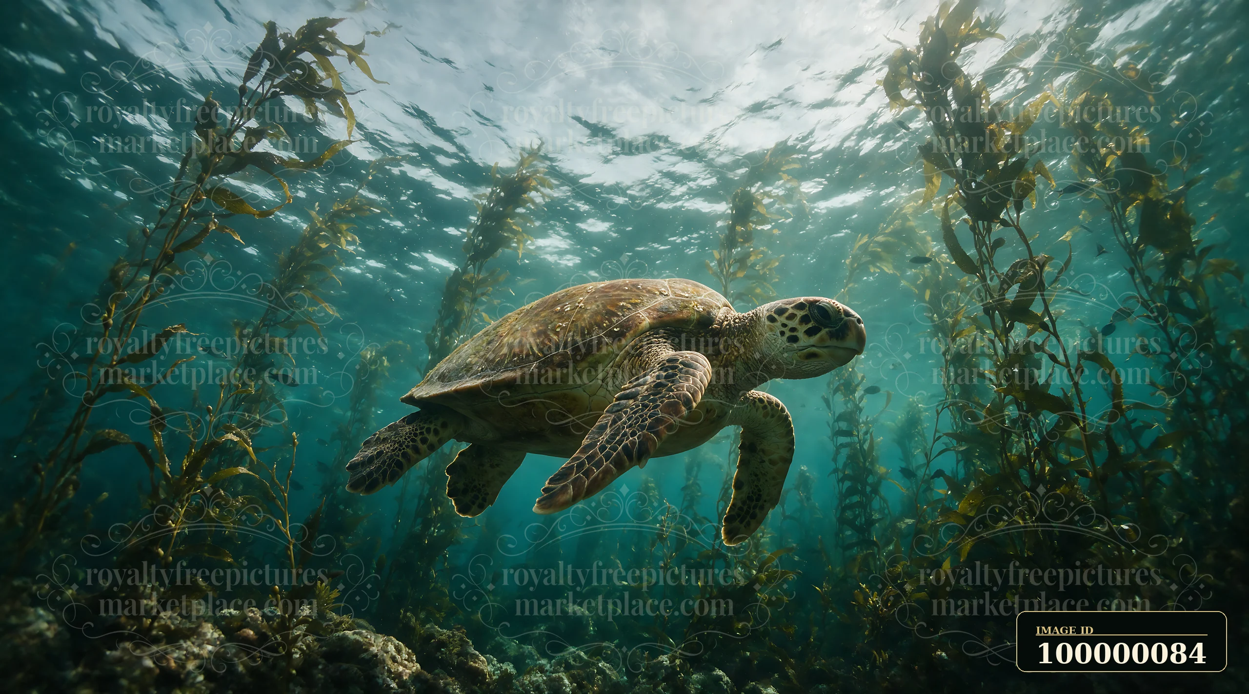 Sea turtle swims through a sunlit underwater kelp forest above a rocky seabed.