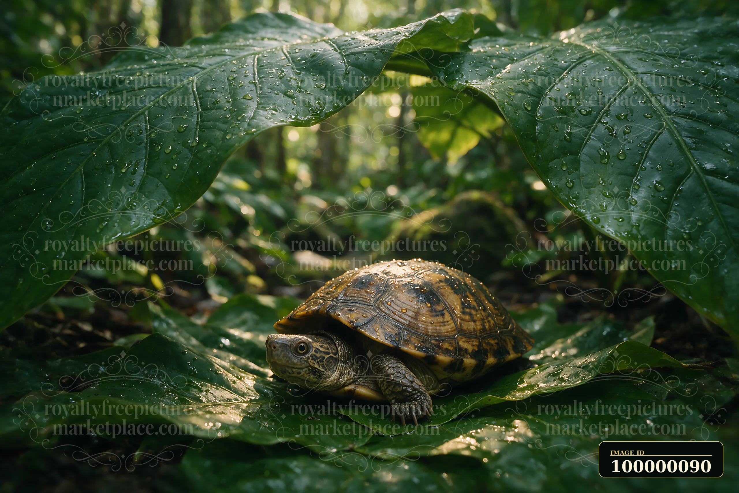 Turtle with a raindrop-covered shell resting among wet leaves in a lush forest.