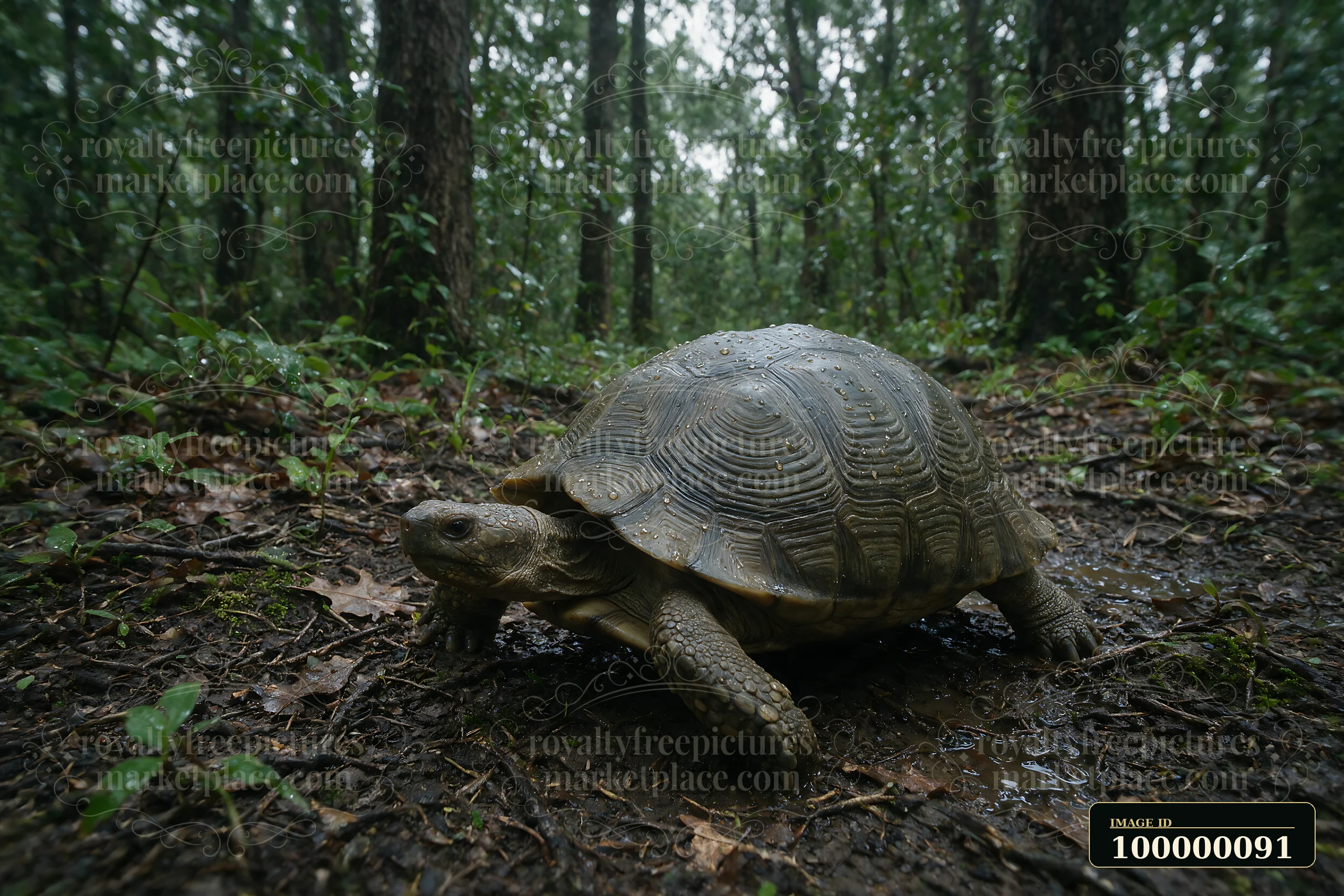 Turtle with raindrops on its shell walking through a damp forest with muddy ground and puddles.