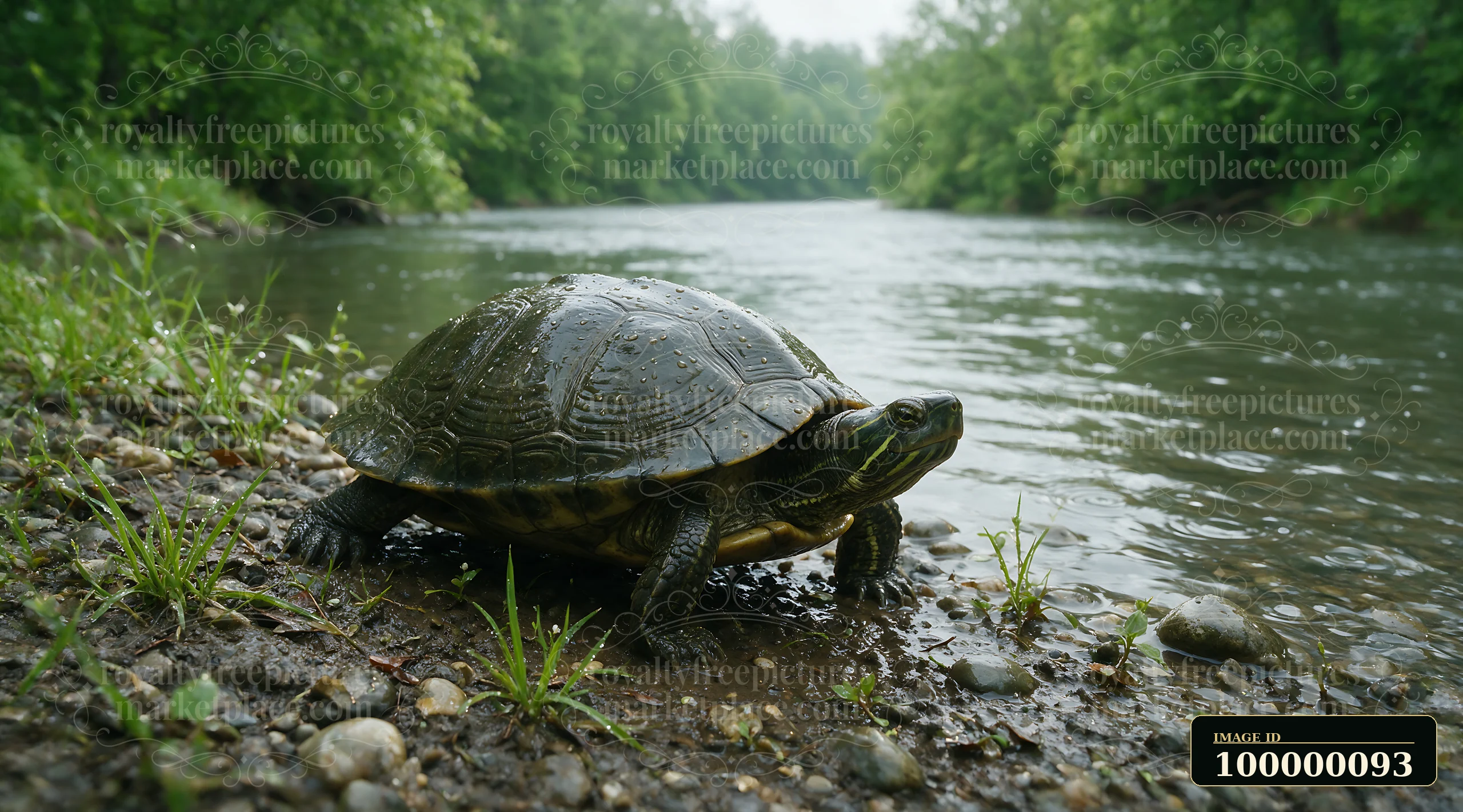 Turtle with a raindrop-covered shell rests on a pebbly riverbank beside a forested river.