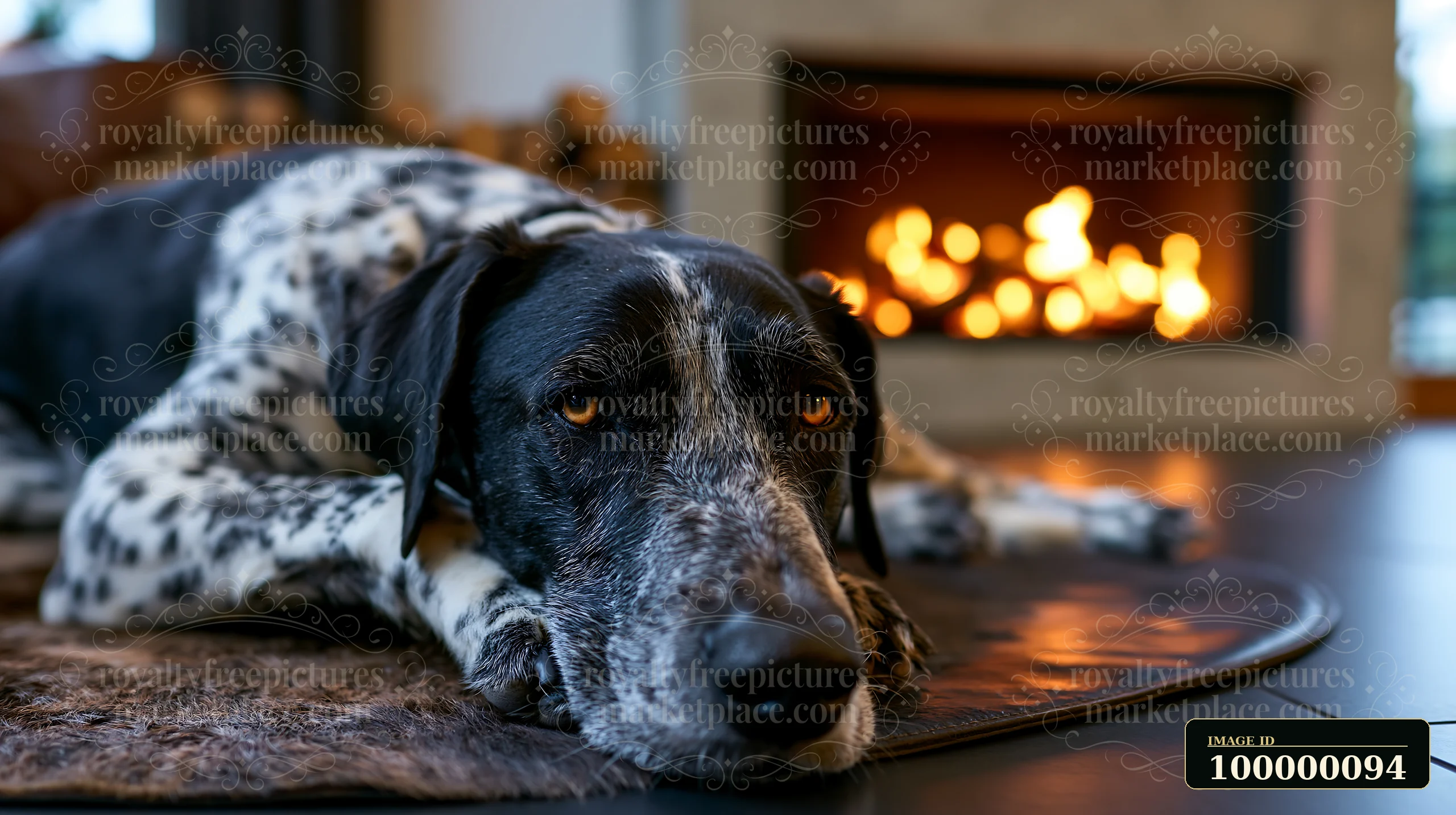 Black and white spotted dog rests on a rug beside a glowing fireplace.