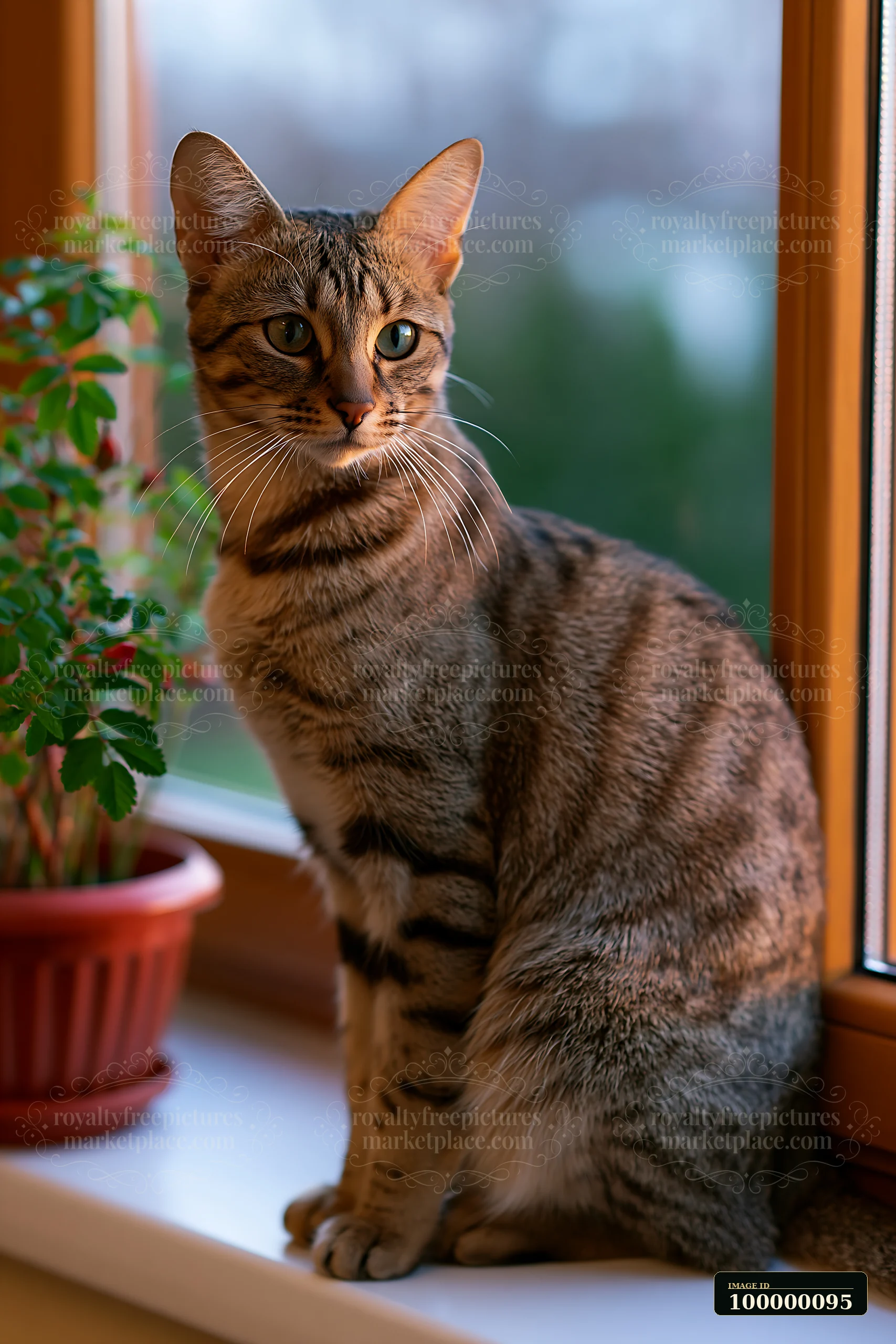 Savannah cat sitting on a windowsill beside a potted plant indoors.