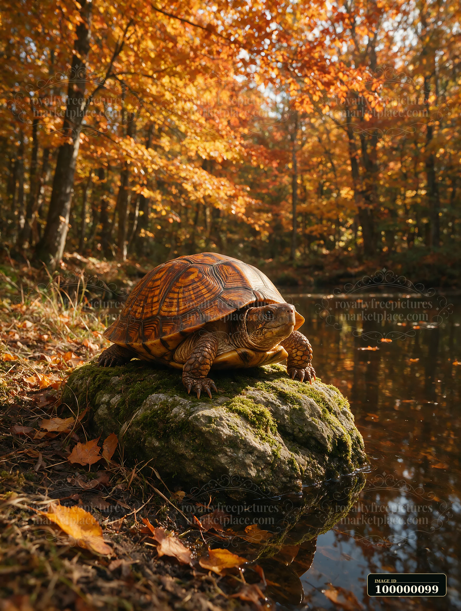 Turtle resting on a mossy rock beside a woodland pond surrounded by autumn forest.