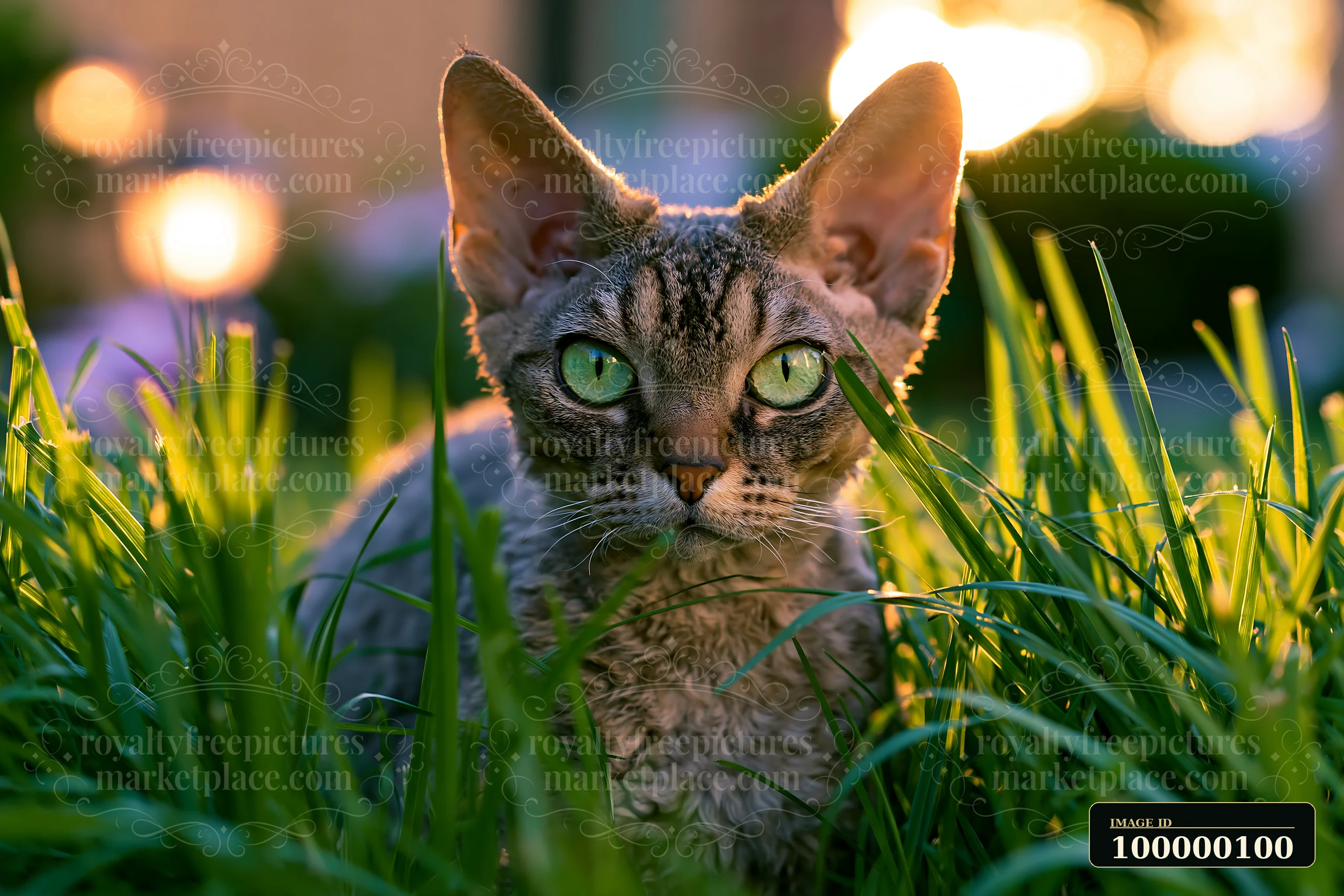 Devon Rex cat with large ears looks at the camera from tall grass in warm light.