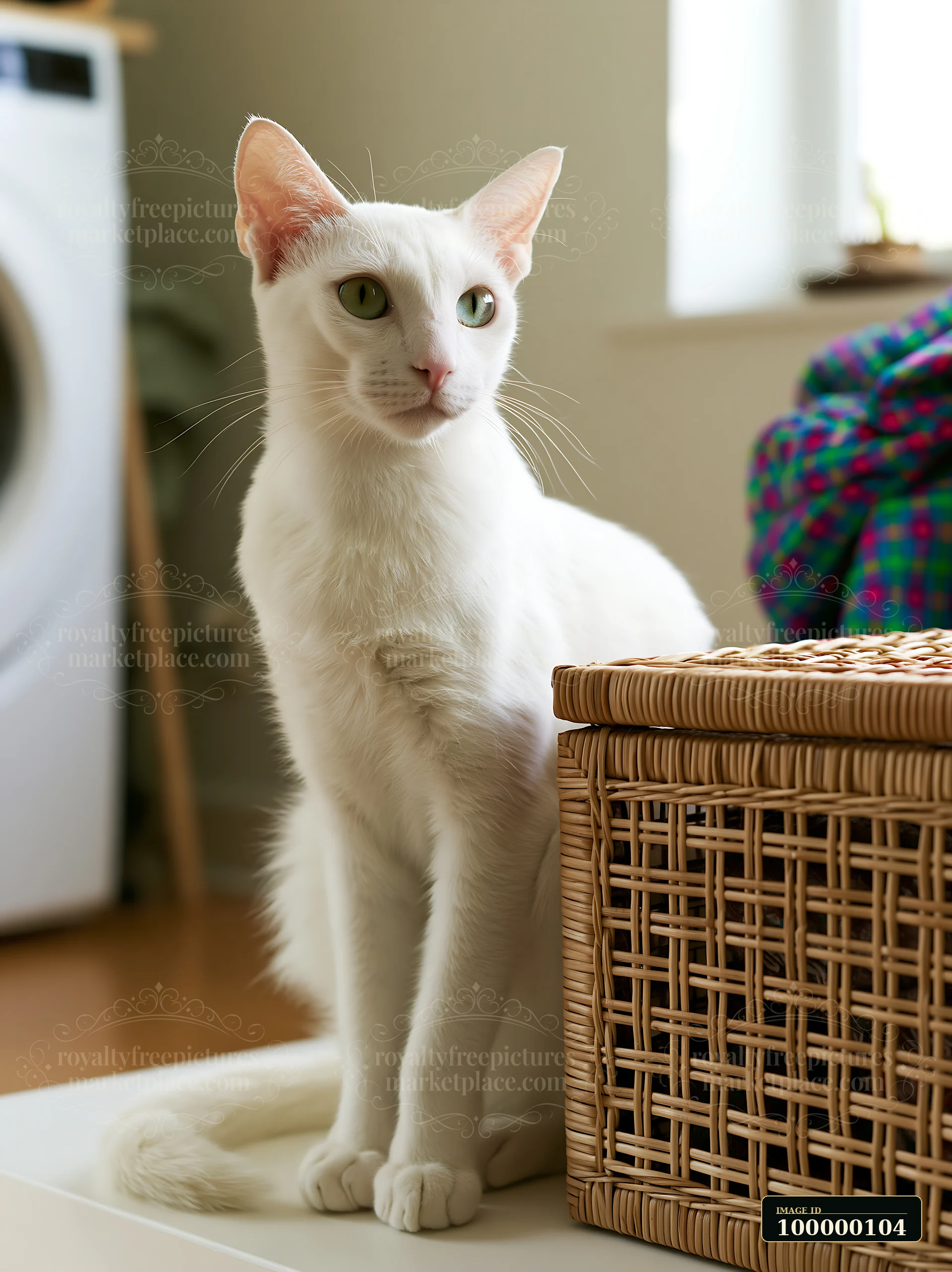 White Khao Manee cat sitting indoors beside a woven wicker basket in soft window light.