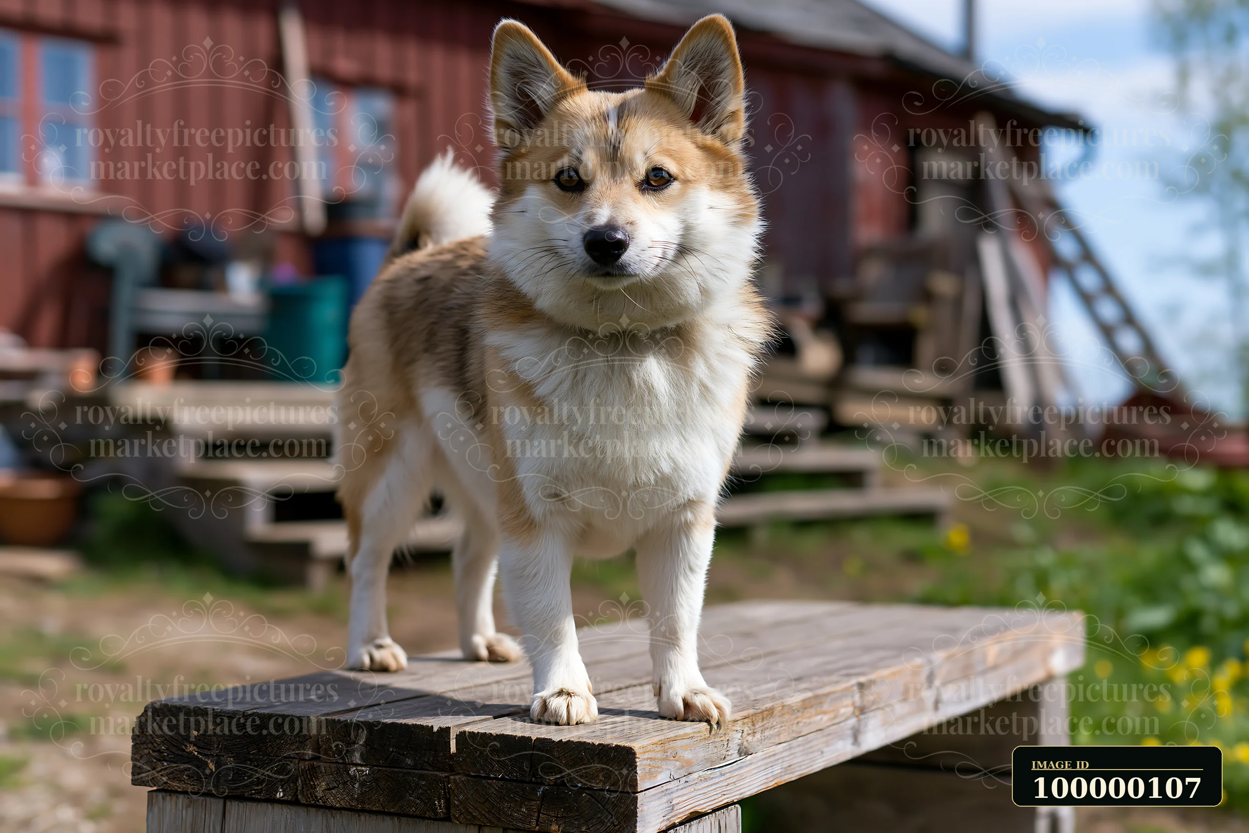 Fluffy tan and white dog standing on a weathered wooden table in a rural farmyard