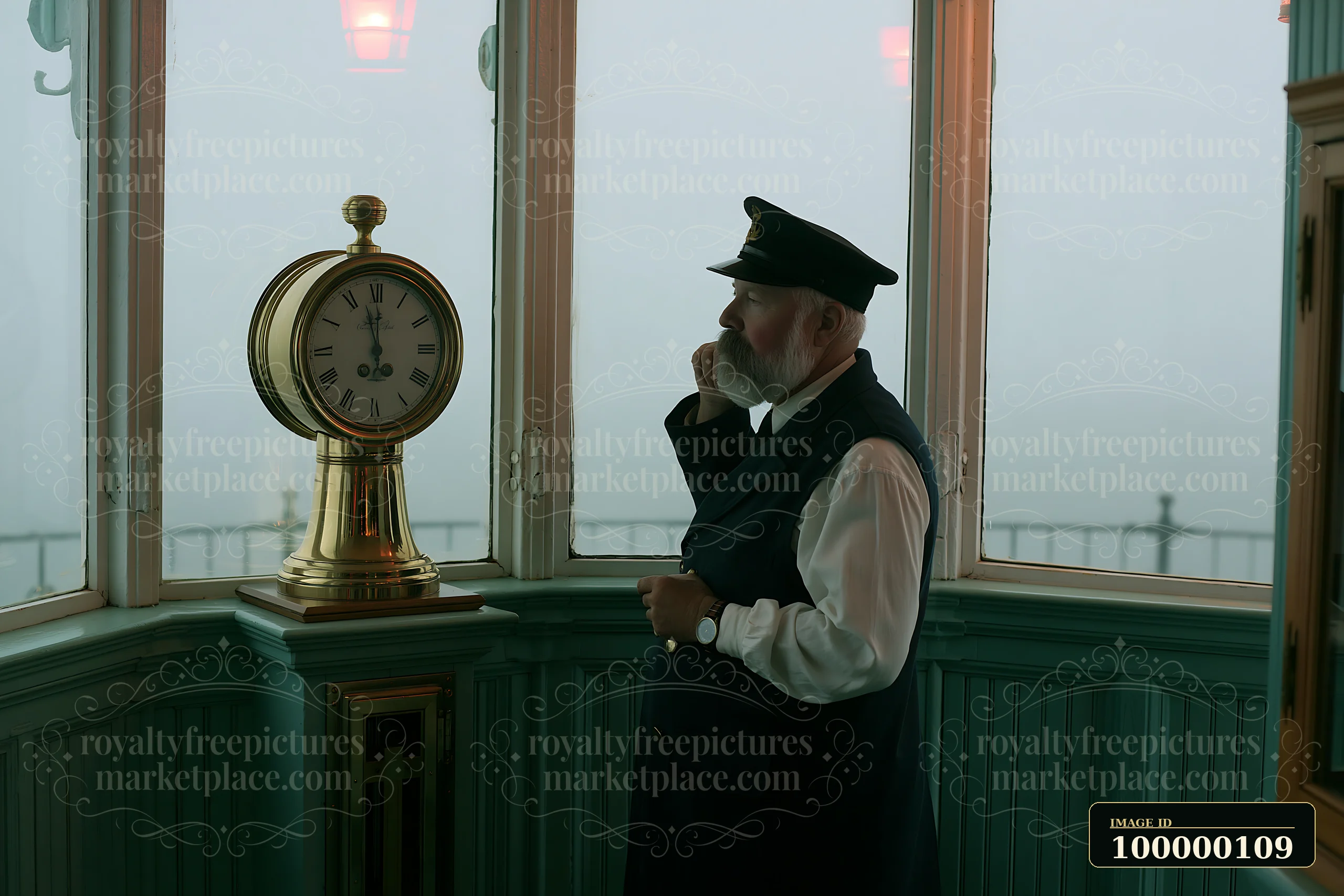 Bearded man in a cap stands beside a vintage clock in a seaside room.