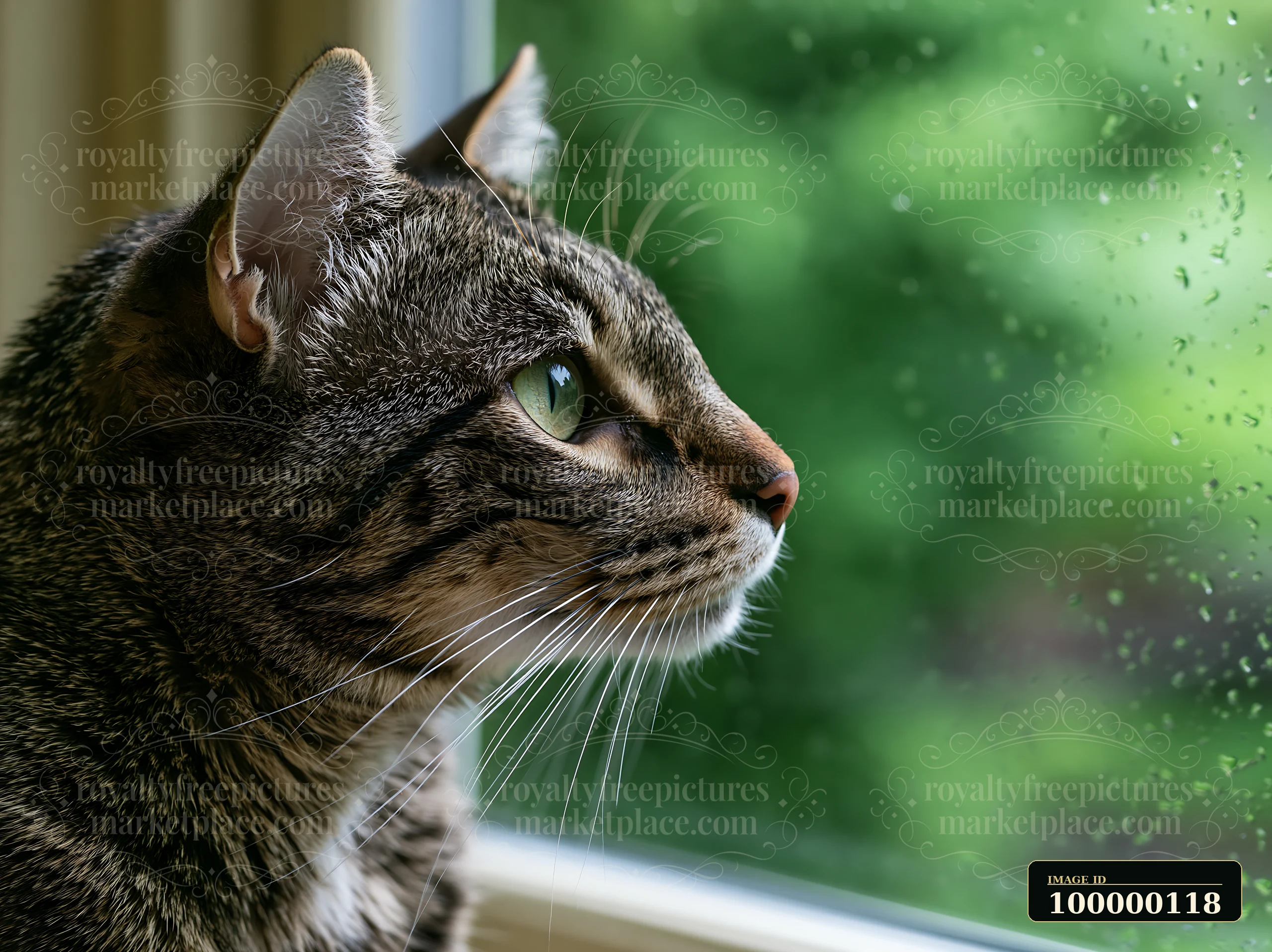 Tabby cat gazing through a rain-speckled window against a softly blurred green background.