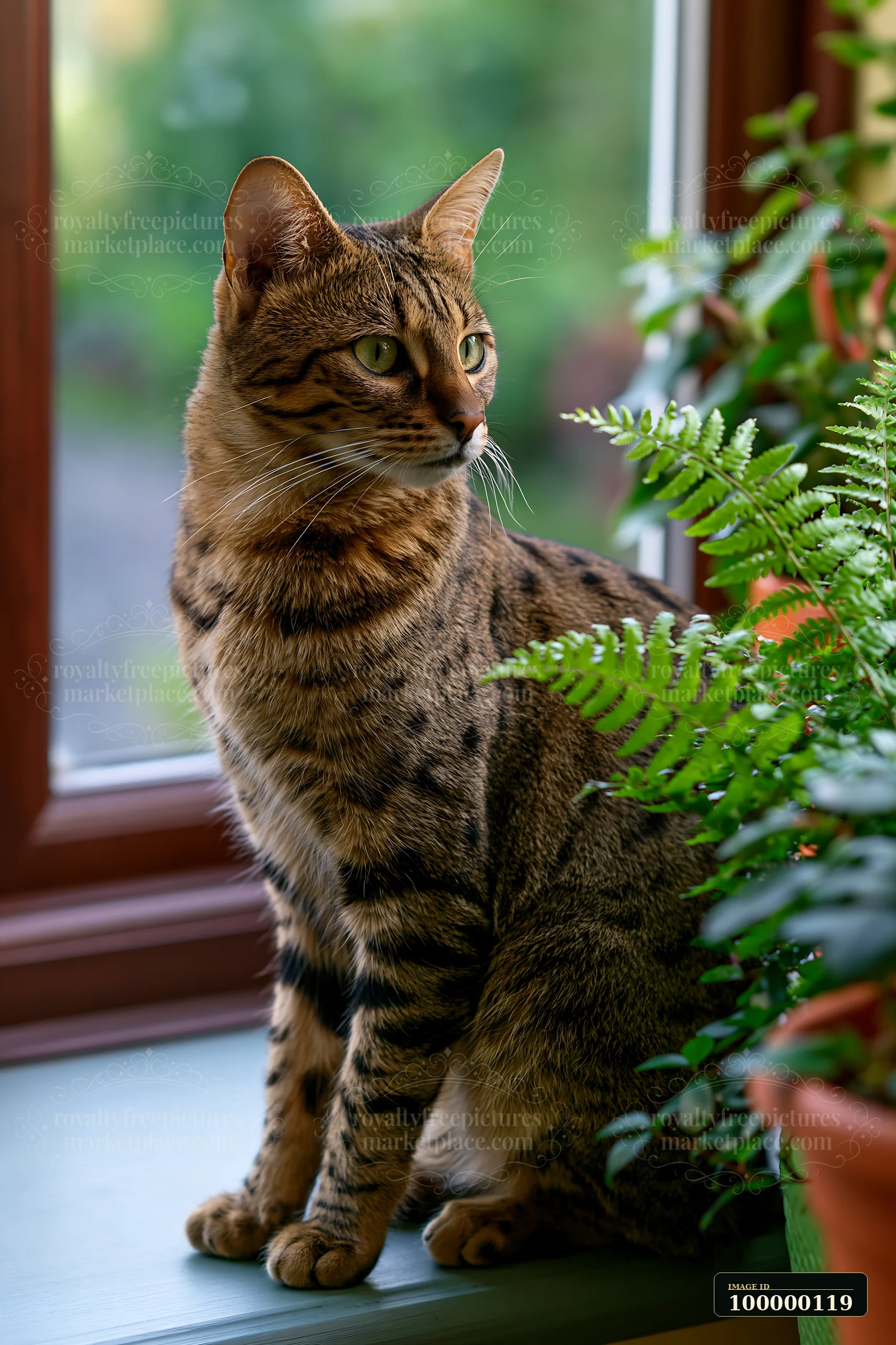 Savannah cat sitting on a windowsill beside leafy houseplants indoors.