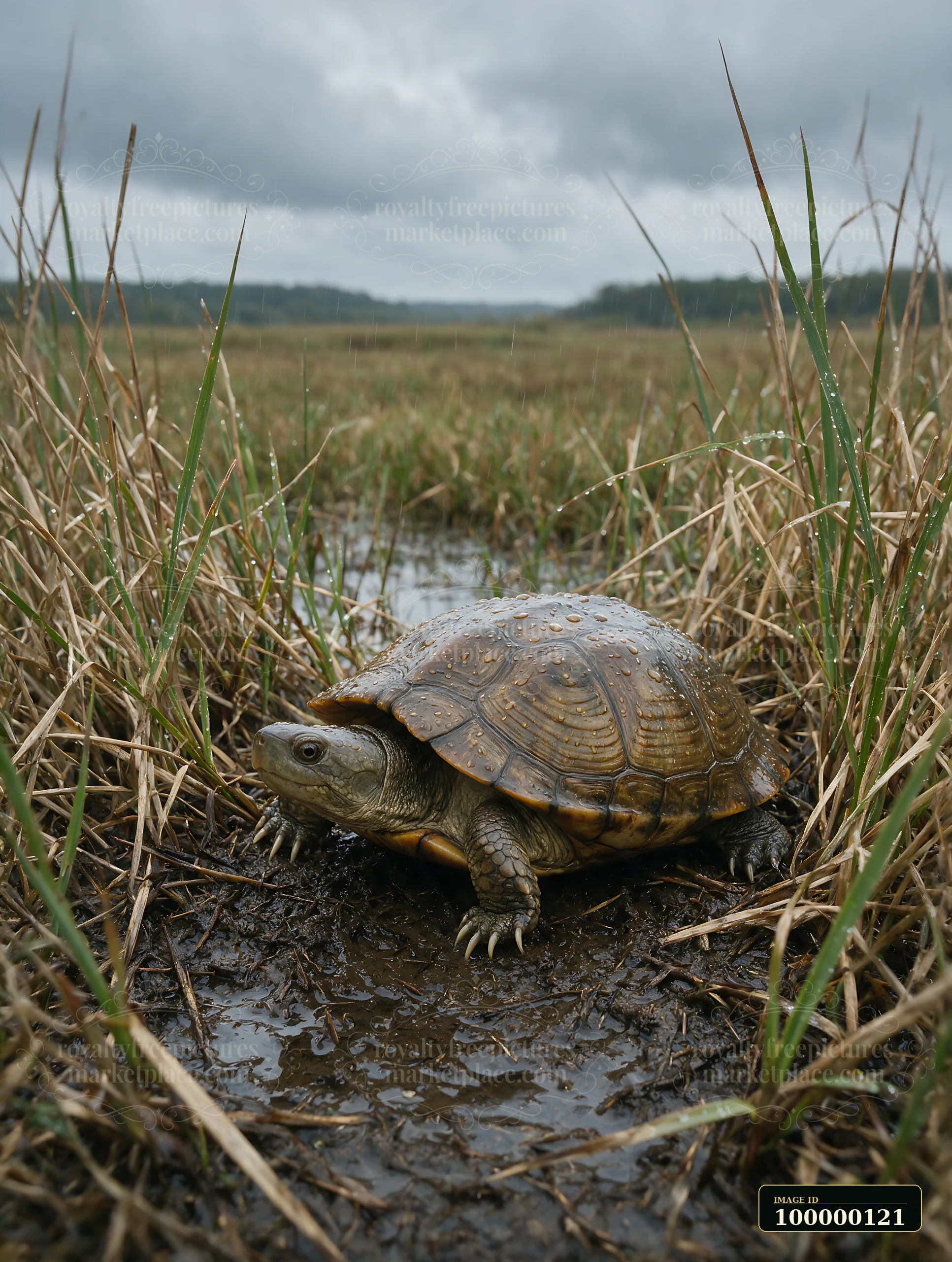 Turtle with raindrops on its shell resting in muddy marsh grass during a cloudy rainstorm.