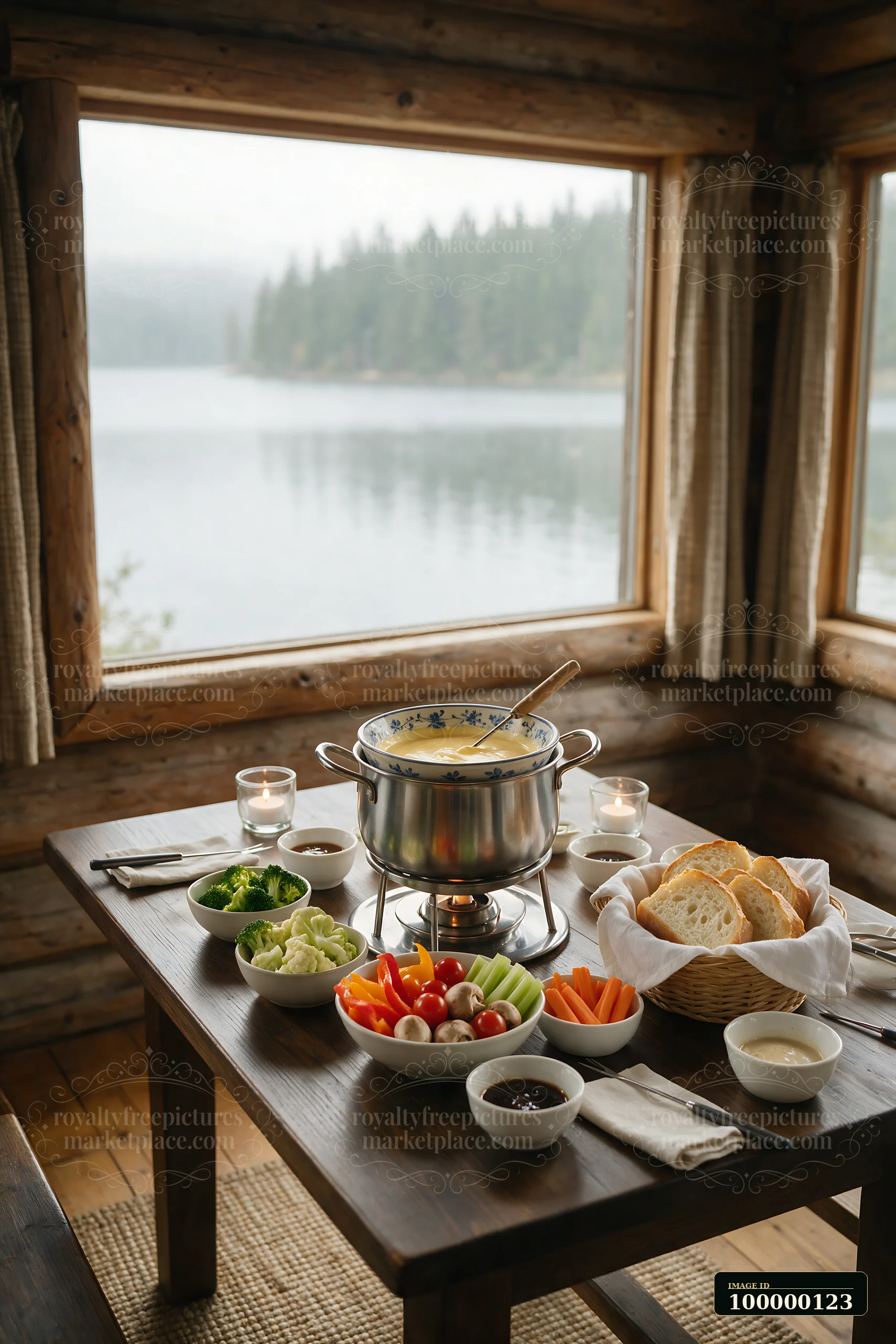 Cheese fondue buffet table with bread and vegetables in a rustic cabin overlooking a misty lake.