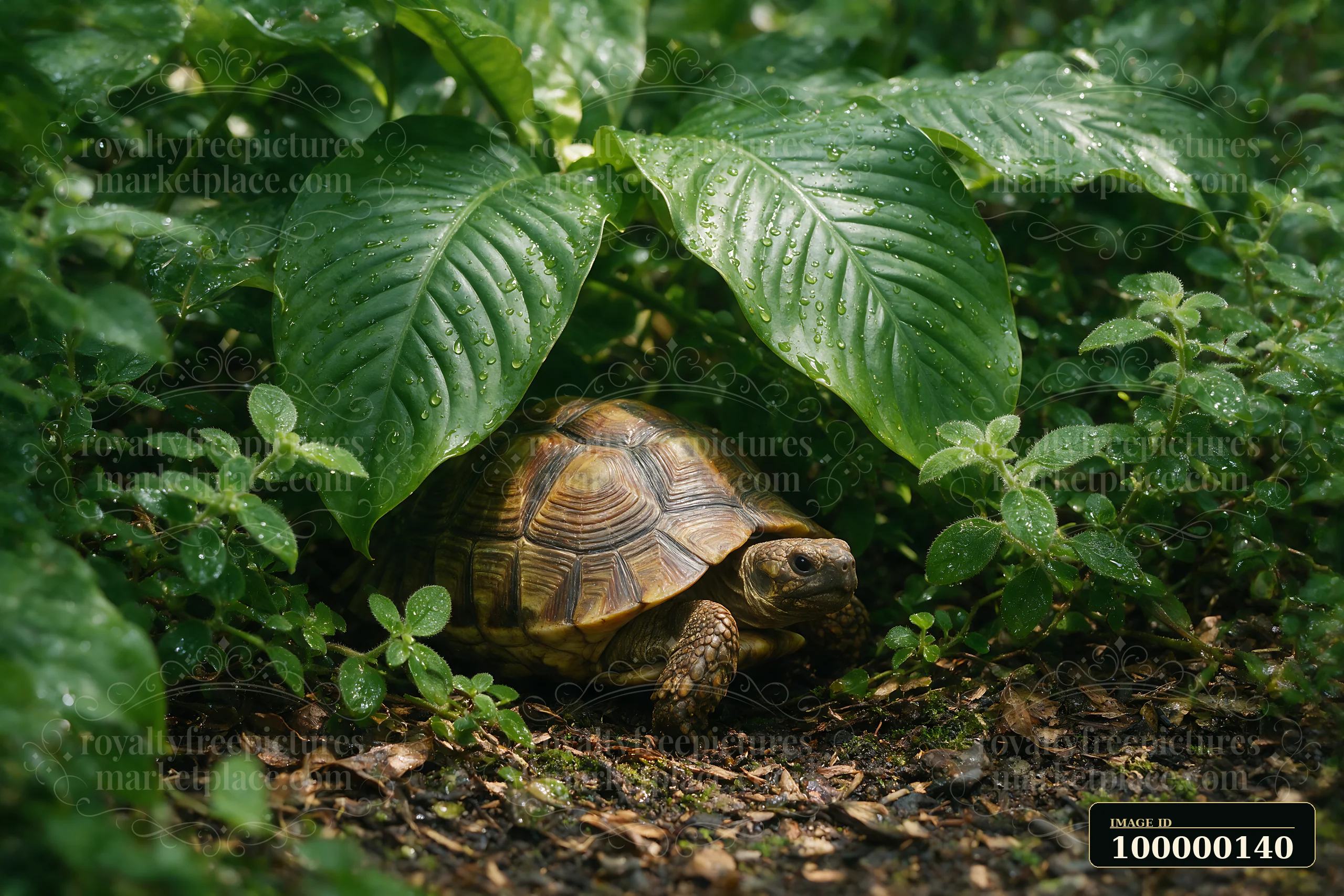 Tortoise resting among lush wet foliage and leaf litter in a natural enclosure.