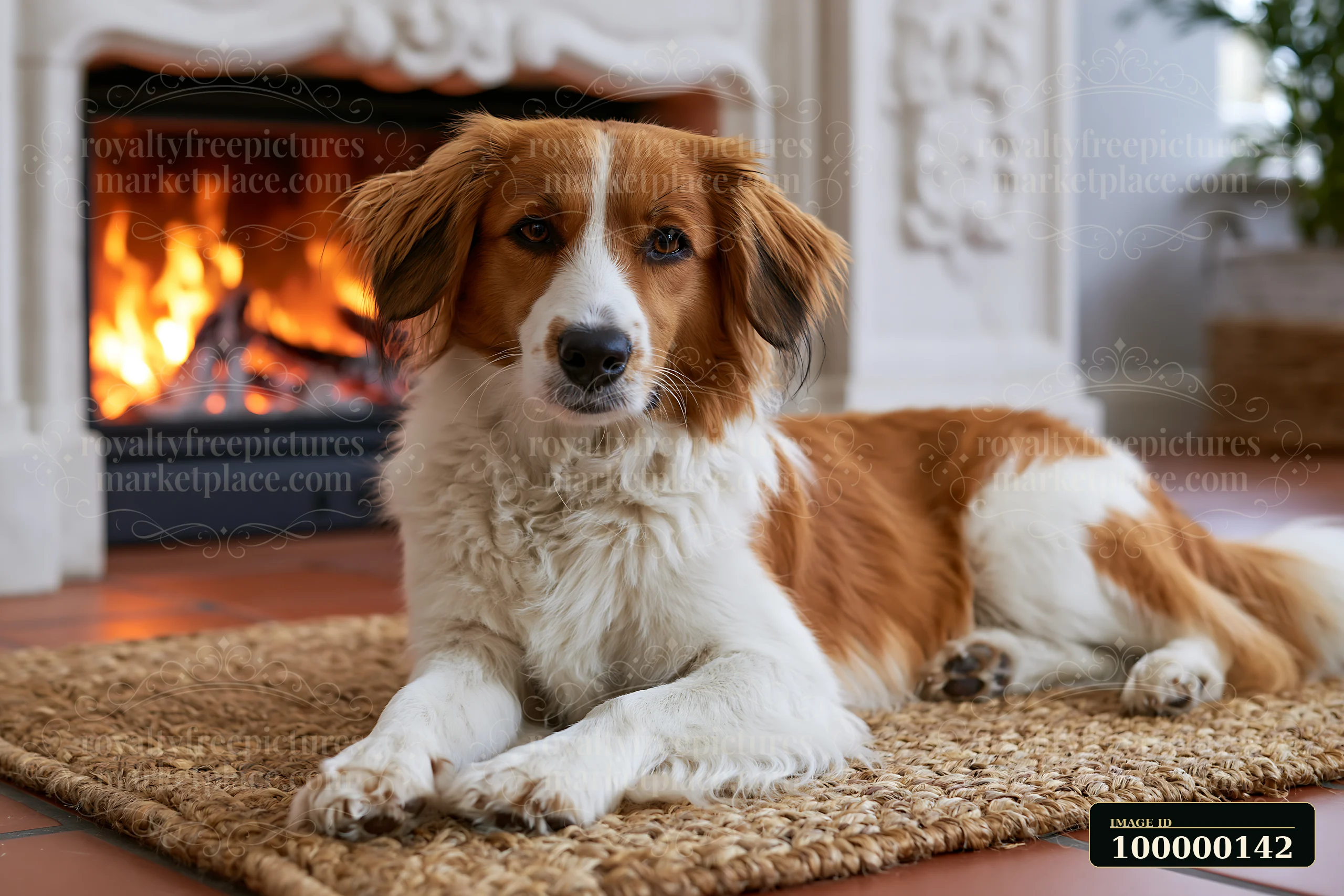 Brown and white dog relaxing on a woven rug beside a glowing fireplace indoors.