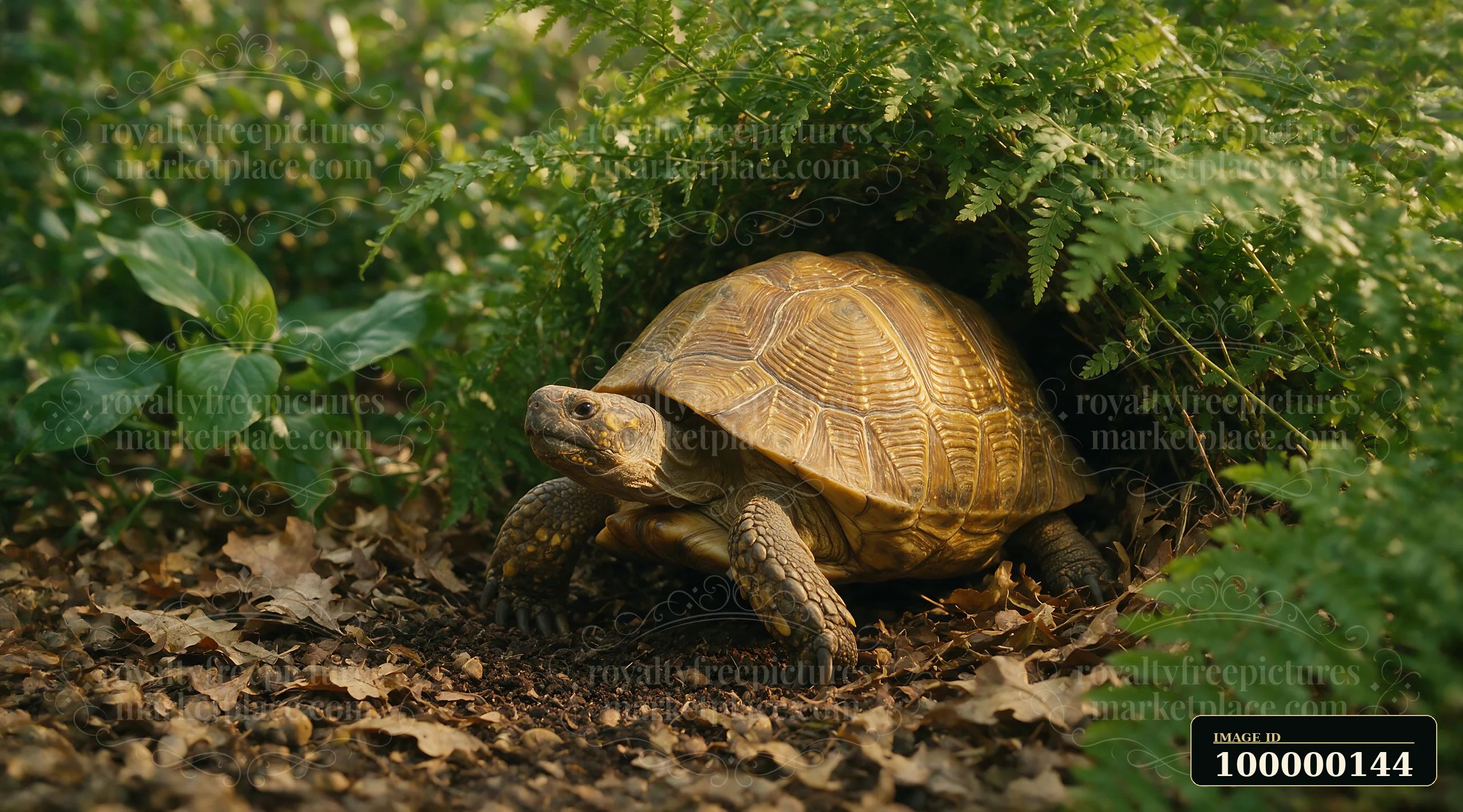 A tortoise rests among fallen leaves and dense green foliage in a natural habitat enclosure.