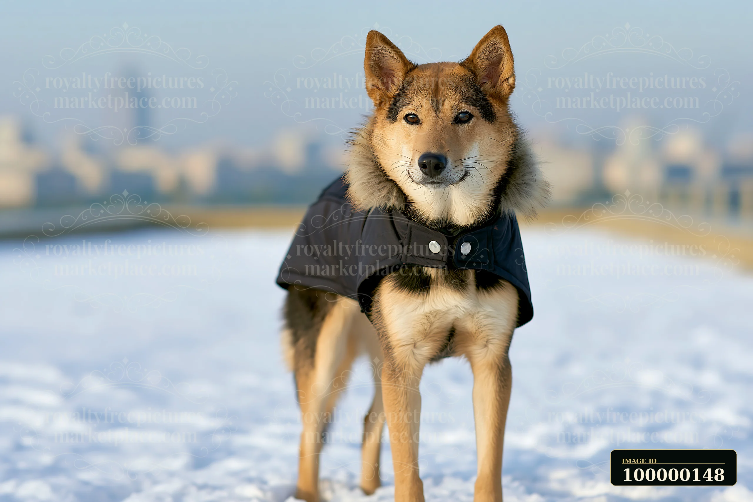 Dog in a black winter coat standing on snow with a blurred city background.