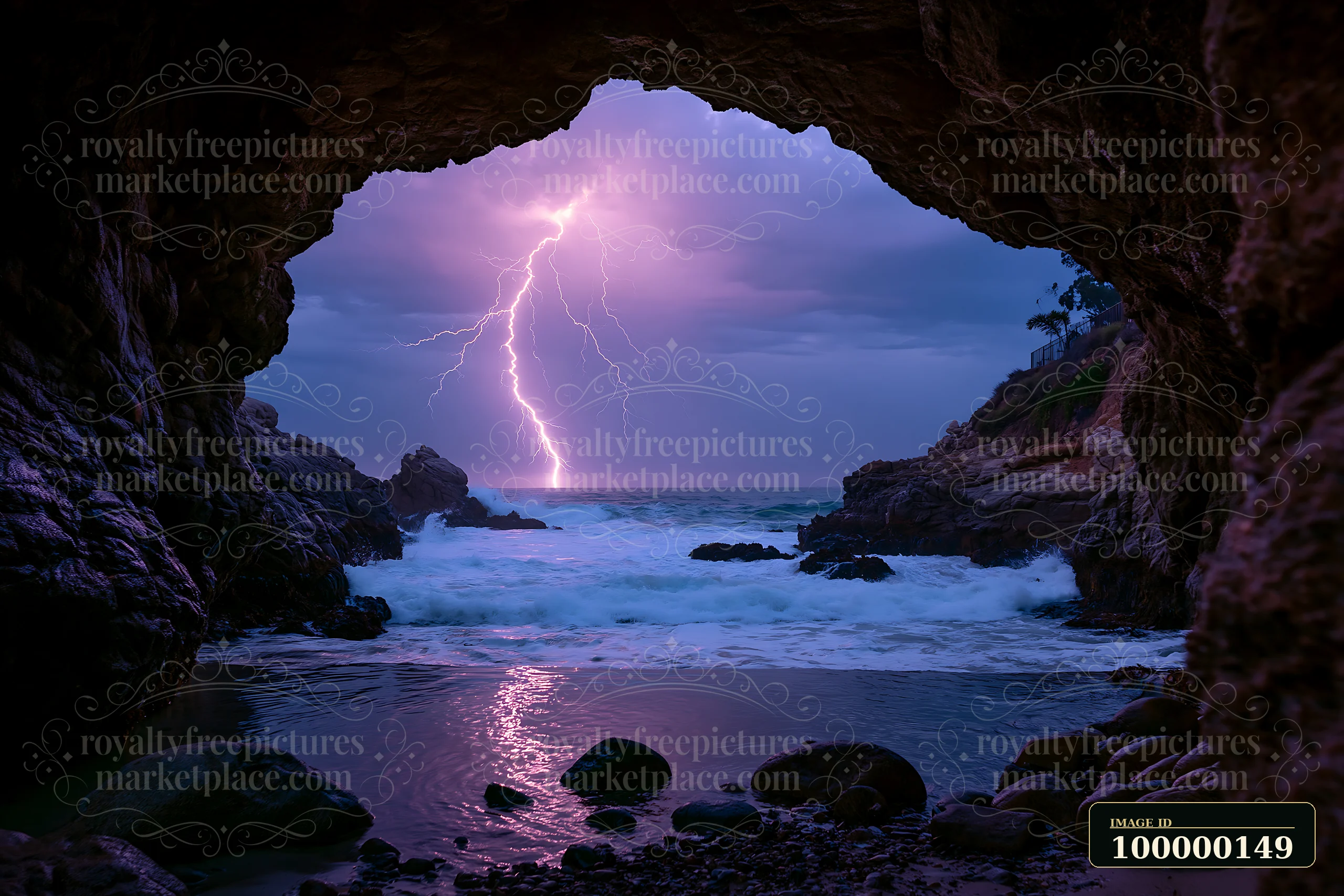 Lightning strikes over a rocky ocean coastline, framed by a dark sea cave with waves in the foreground.