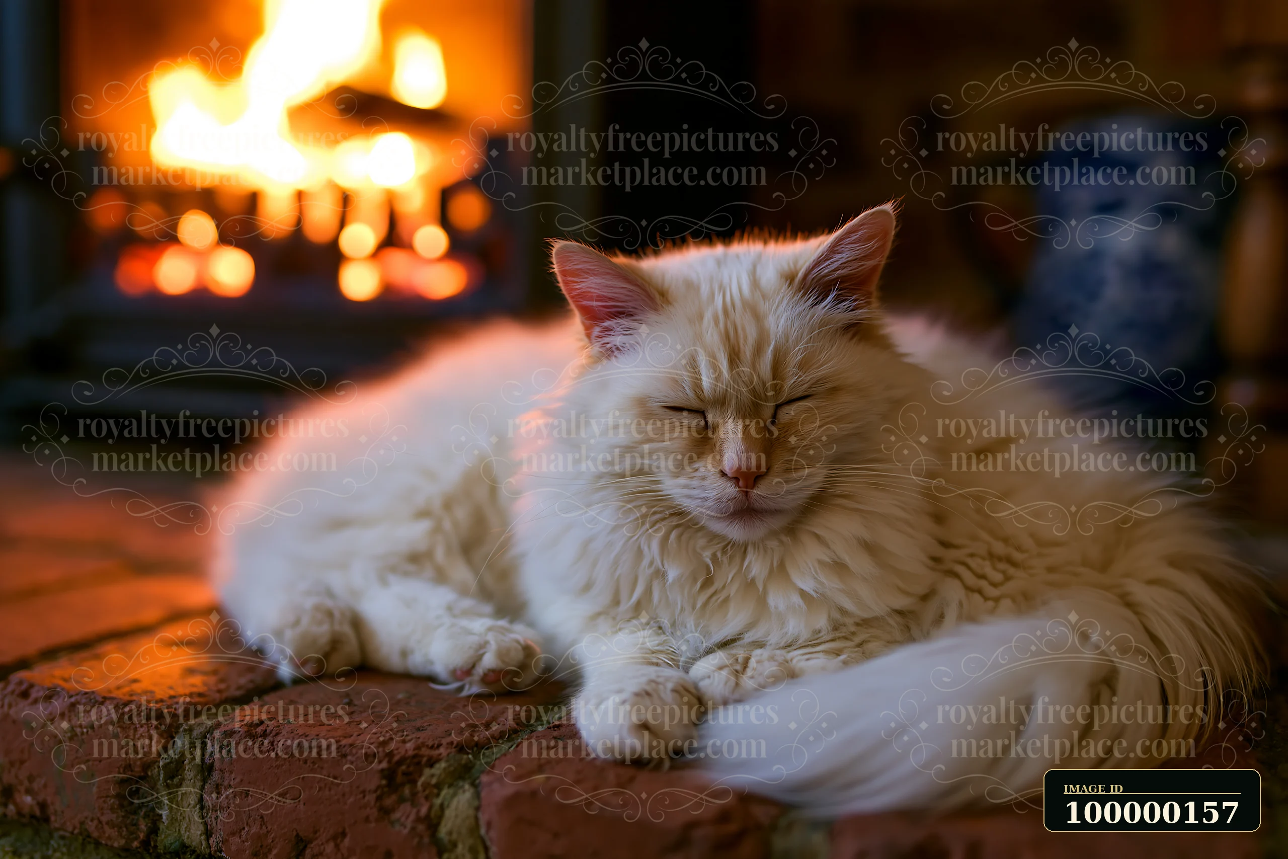 Long-haired cream cat sleeping on a brick hearth beside a glowing fireplace at home.