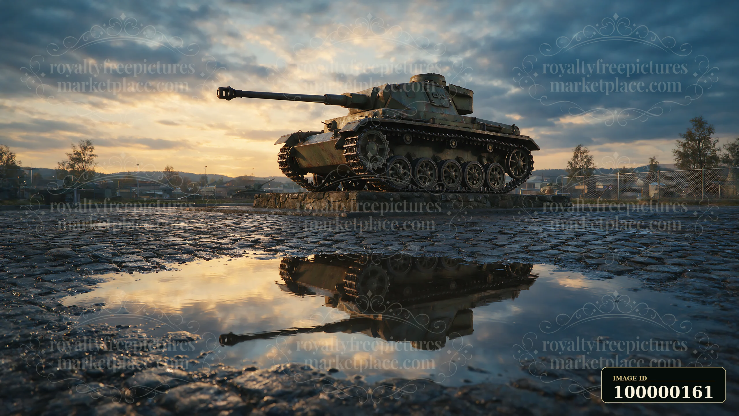 Panzer tank monument stands outdoors at sunset, reflected in a large puddle on cobblestones.