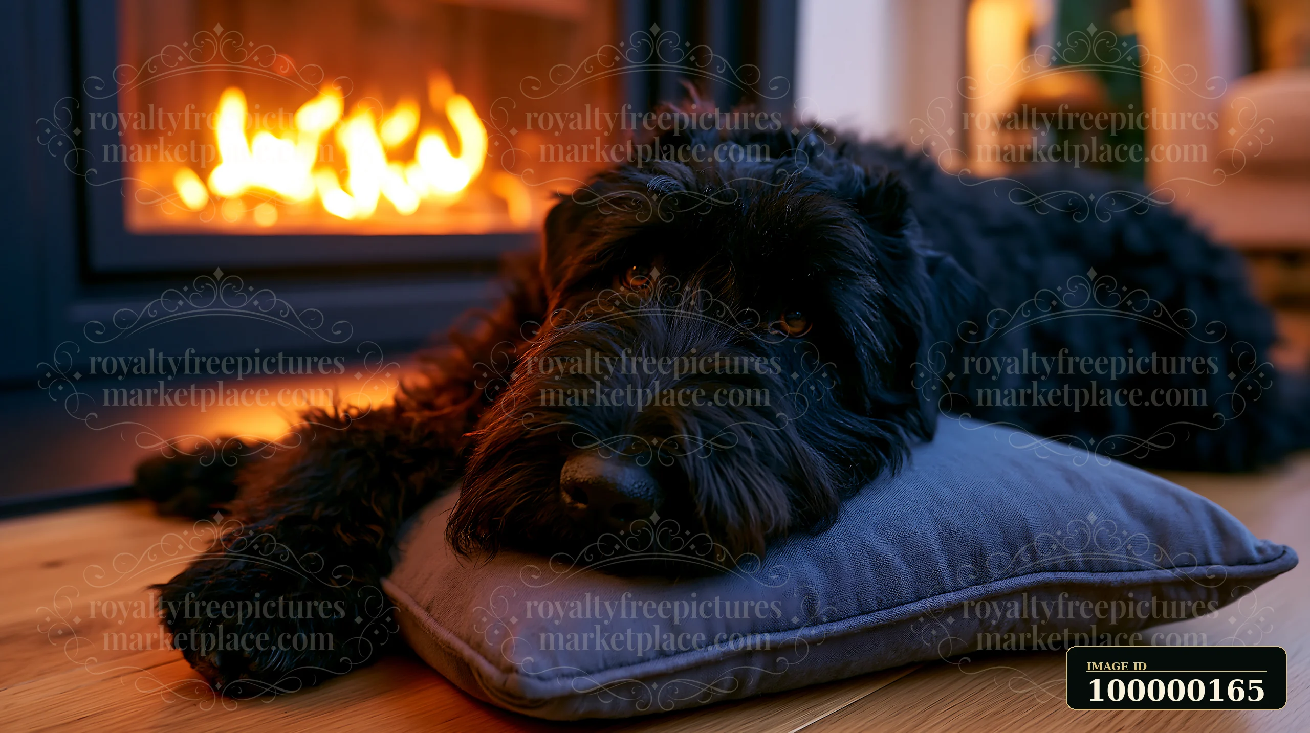 Shaggy black dog rests on a cushion beside a glowing fireplace in a warmly lit room.