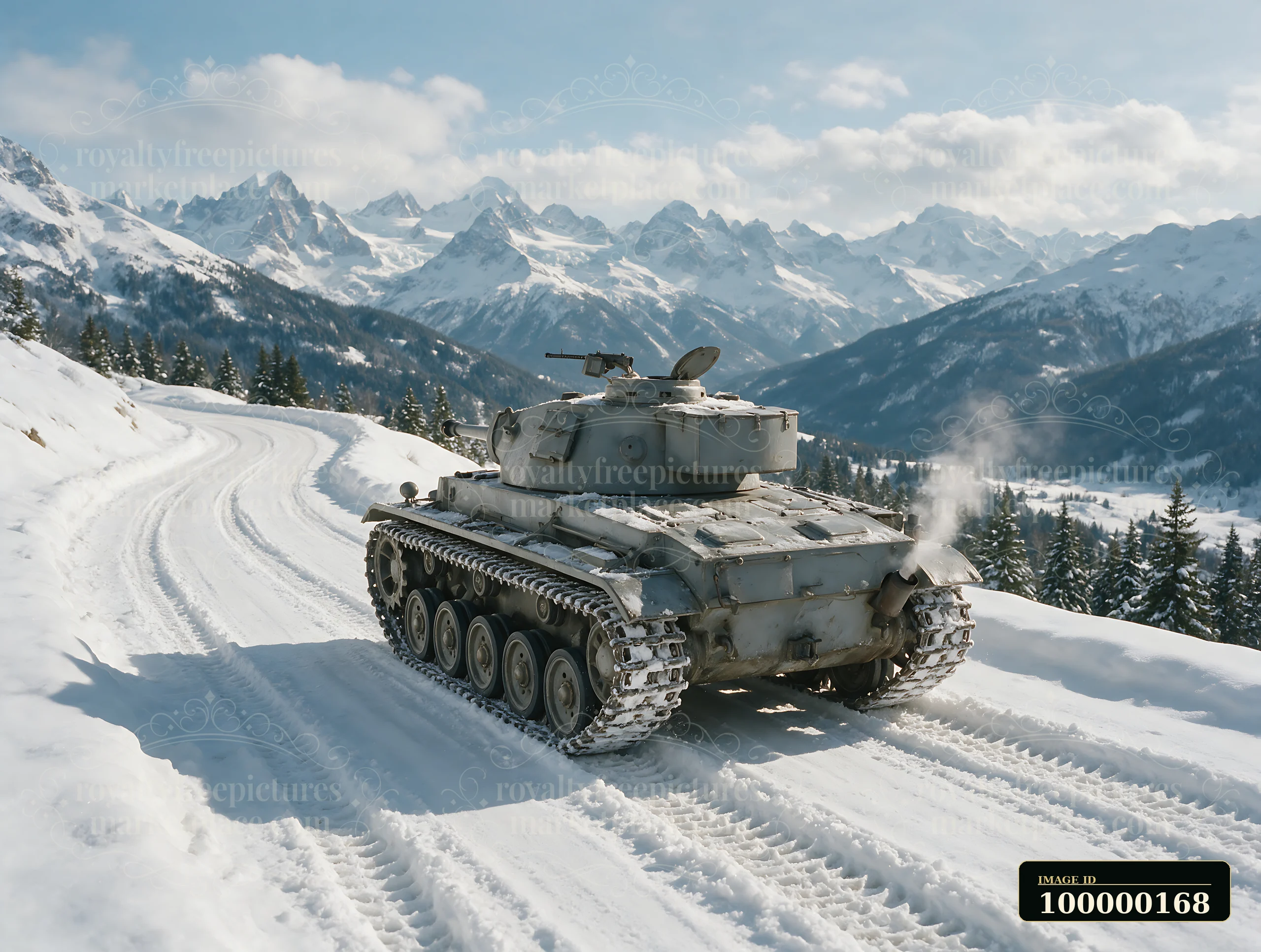 Panzer tank sits on a snowy mountain road with evergreen trees and dramatic snow-covered alpine peaks.