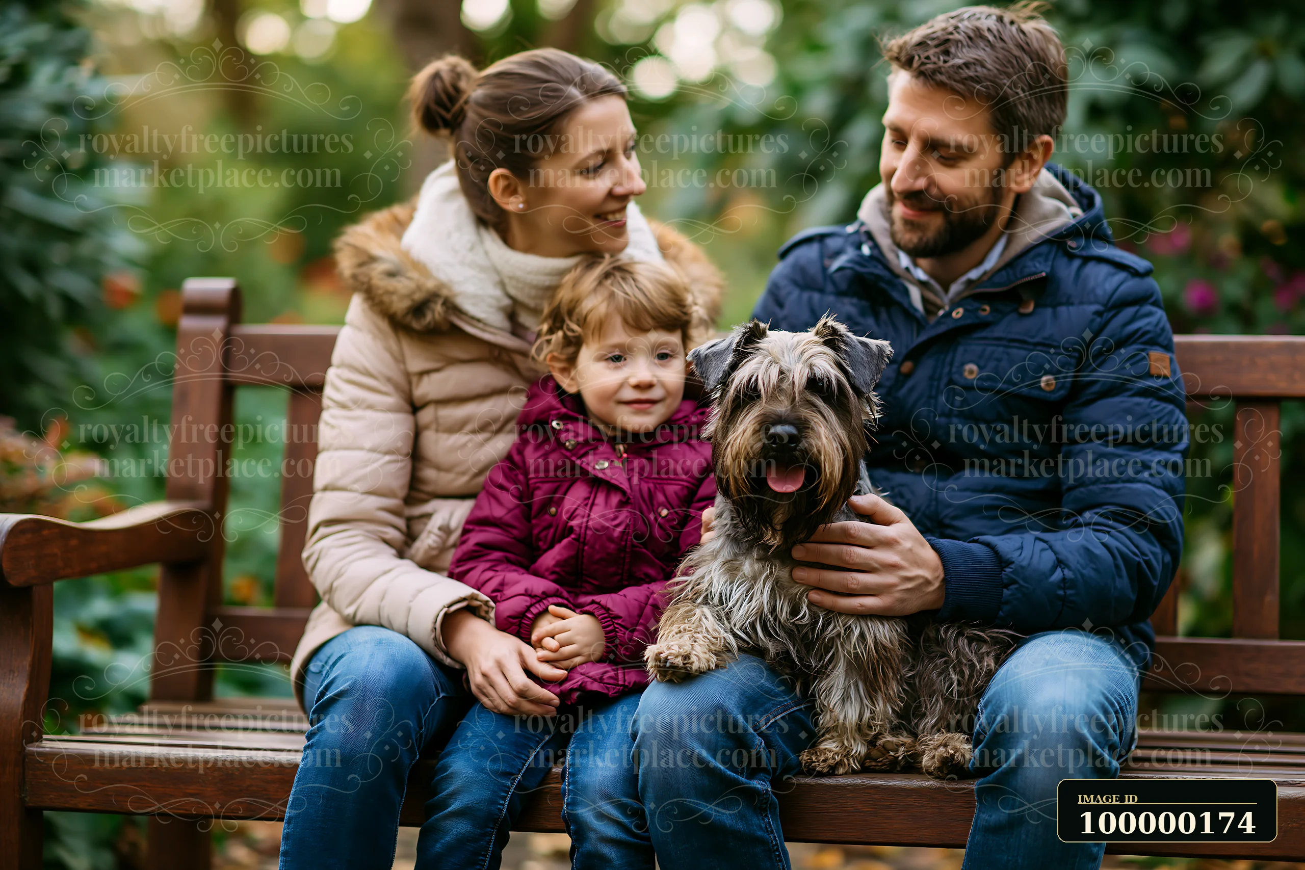 Two adults and a child sit with a shaggy dog on a wooden bench in a lush garden.