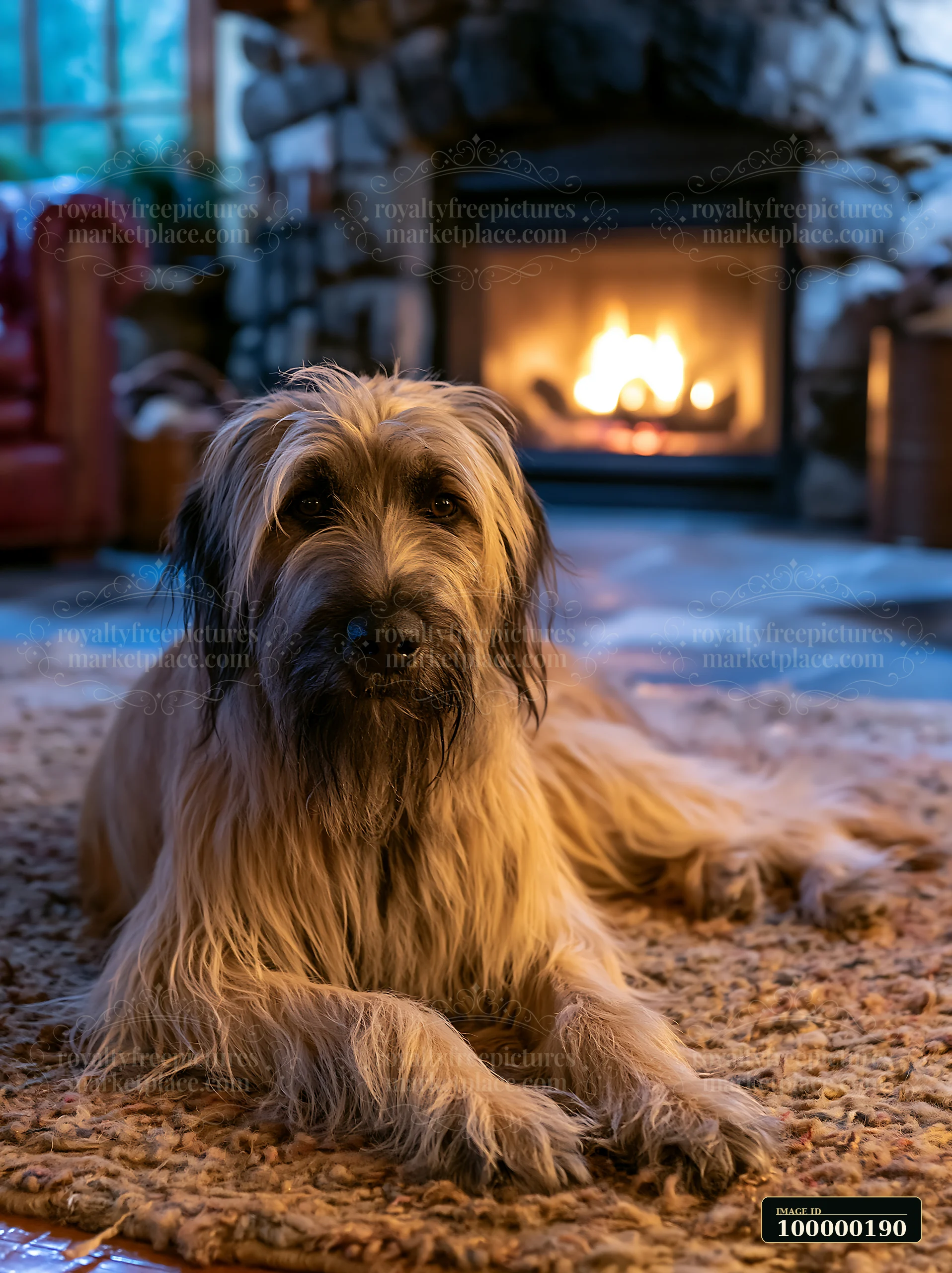 Long-haired dog lies on a rug in front of a glowing fireplace in a cozy room.