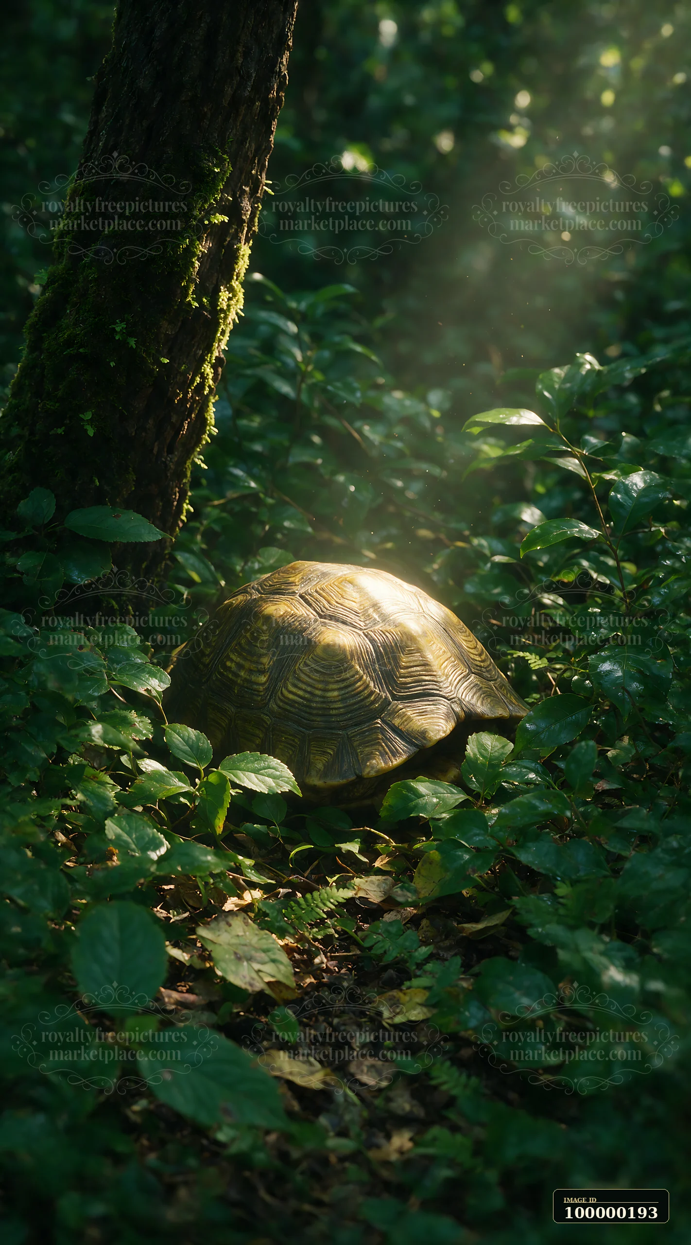 One turtle rests among leafy forest groundcover, with its patterned shell lit by natural sunlight.