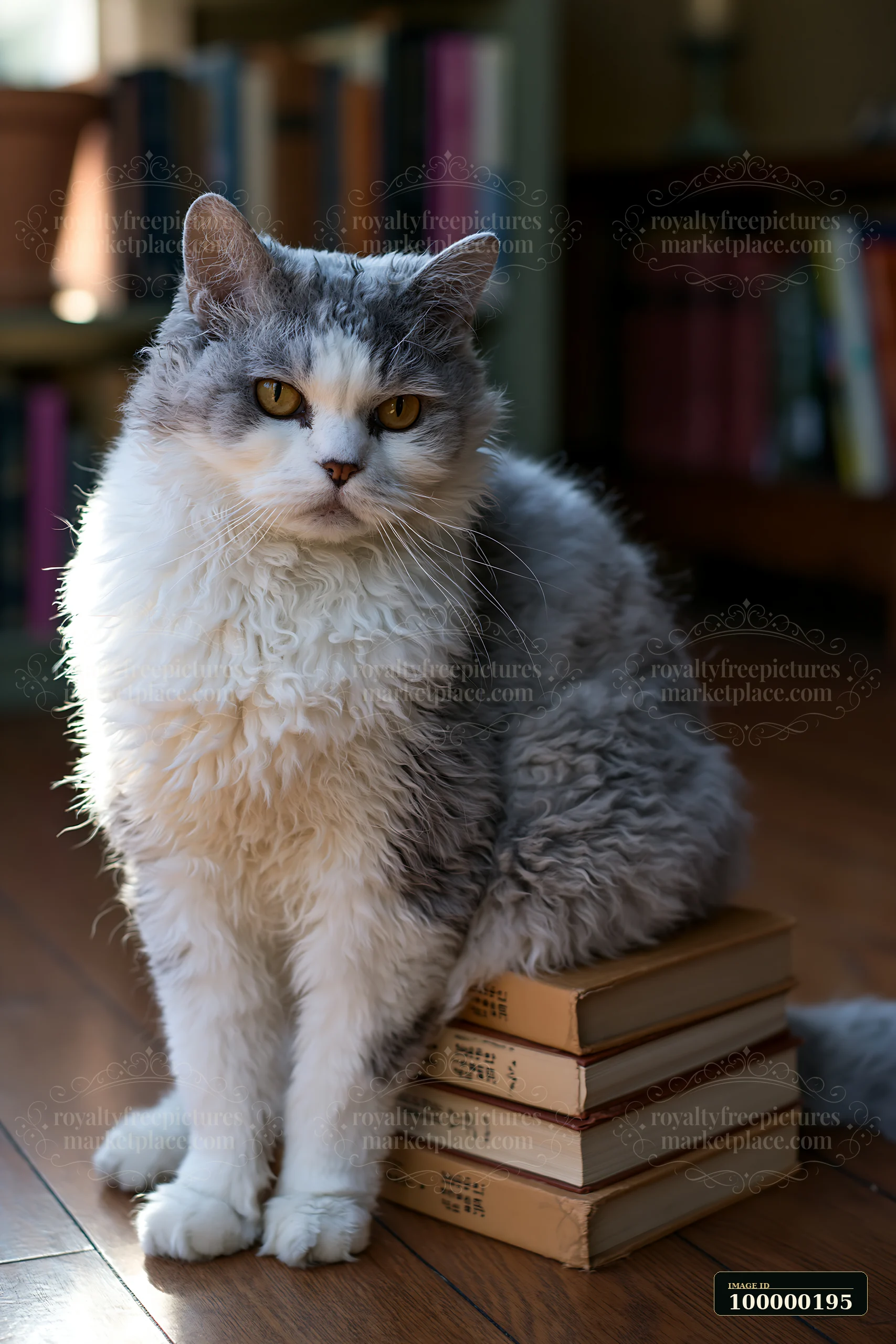 Curly-haired gray and white cat sits on stacked books in a warmly lit room.