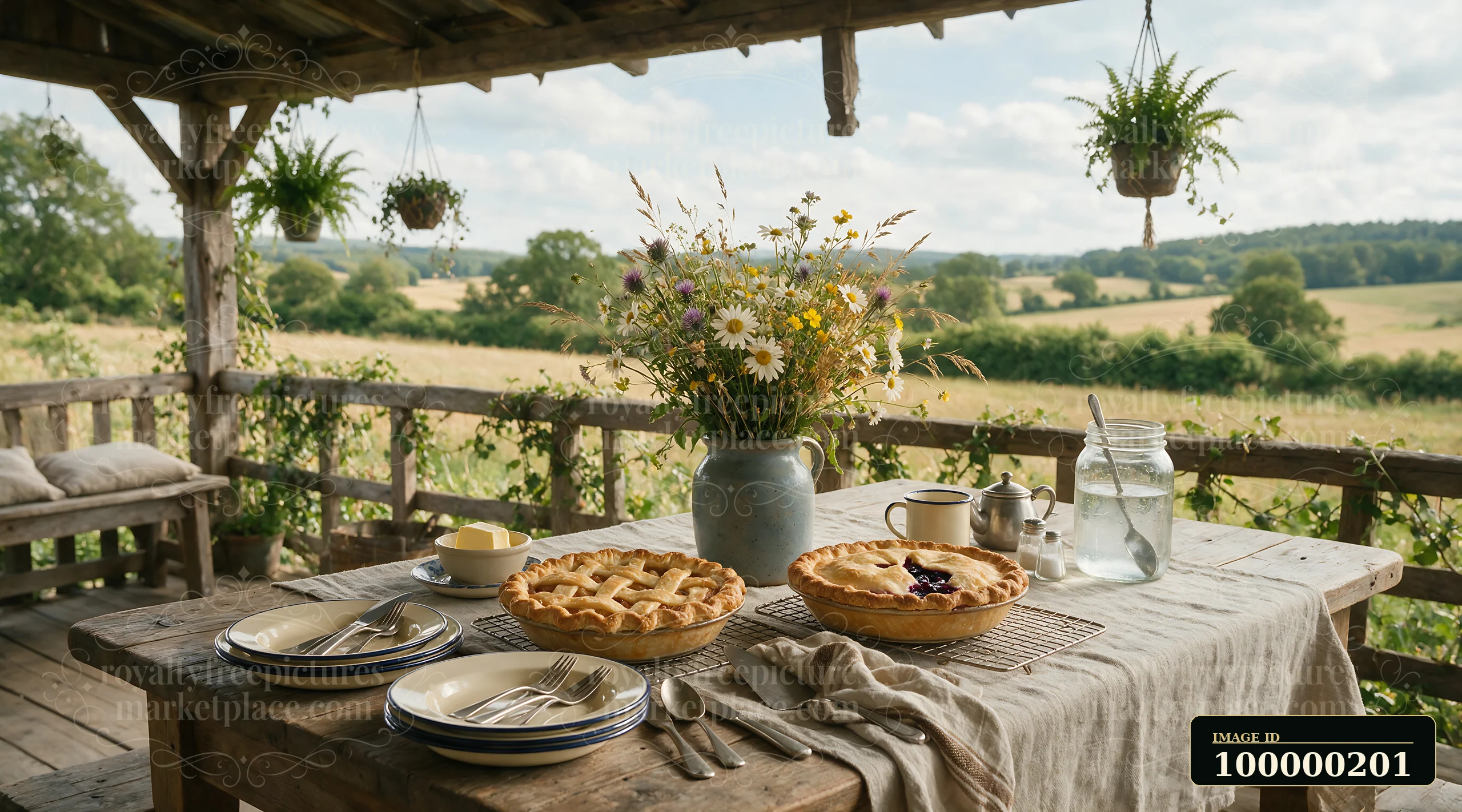 Rustic farmhouse buffet with pies, tableware, flowers, and drinks on a covered porch overlooking rural fields.