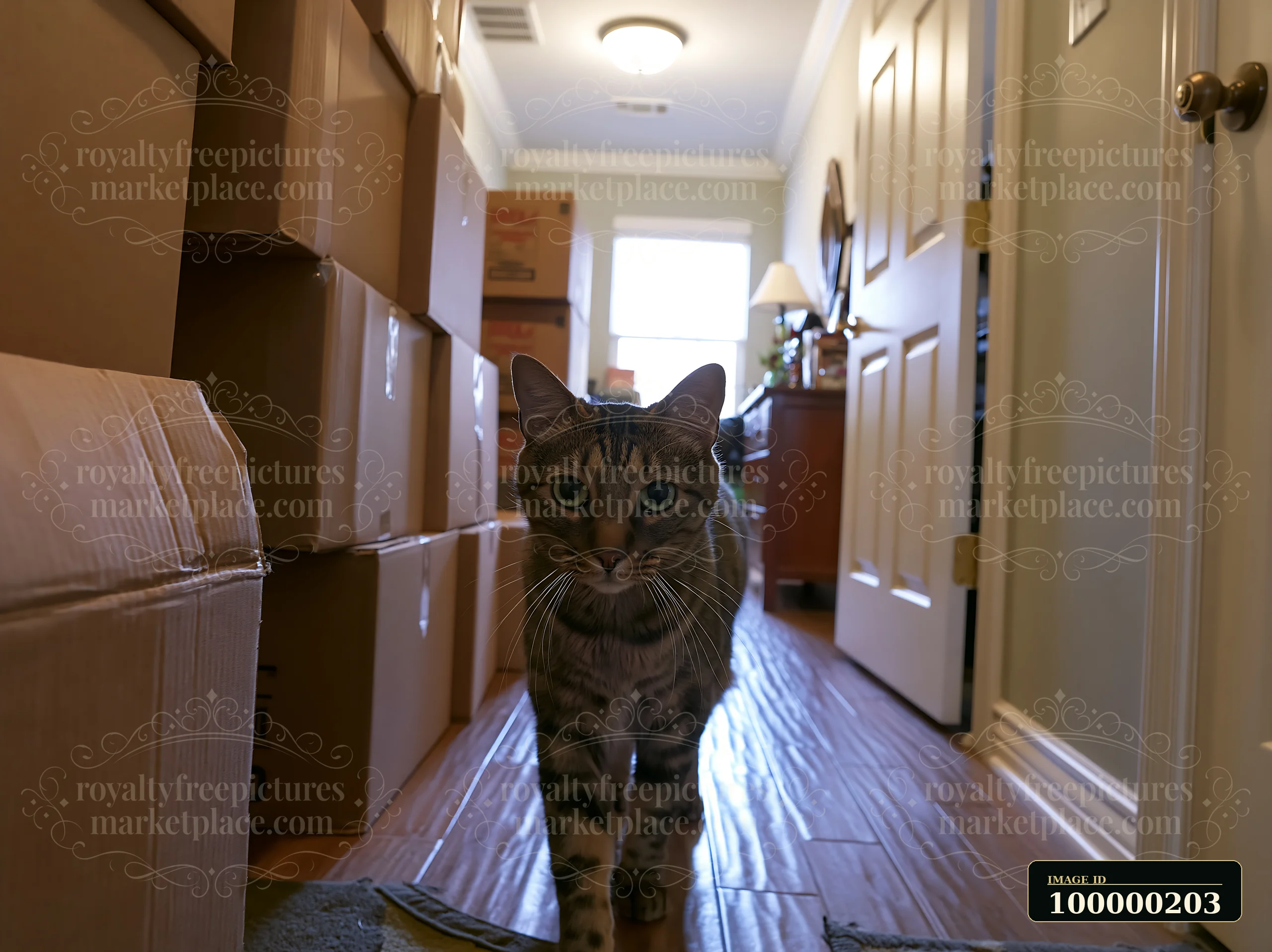 Tabby cat walking toward the camera in a warmly lit hallway with stacked moving boxes.
