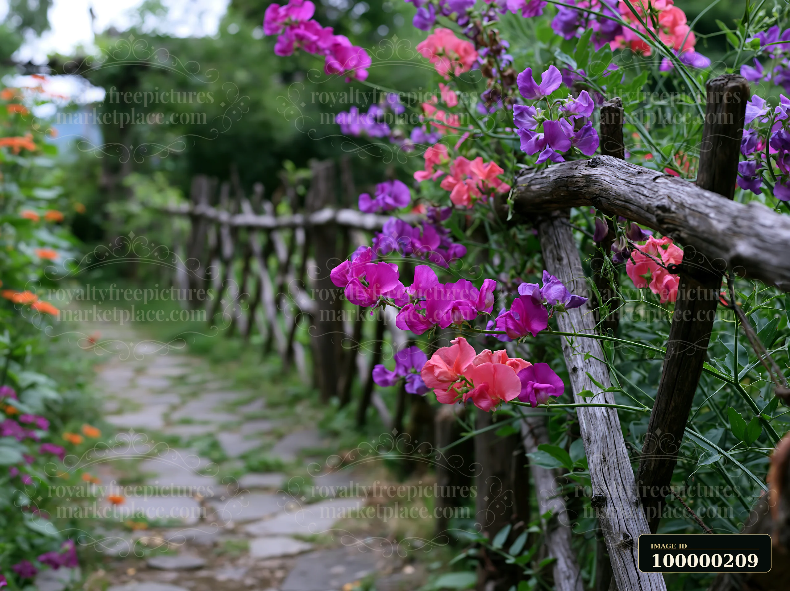 Pink and purple sweet pea flowers climb a rustic wooden trellis beside a garden path.