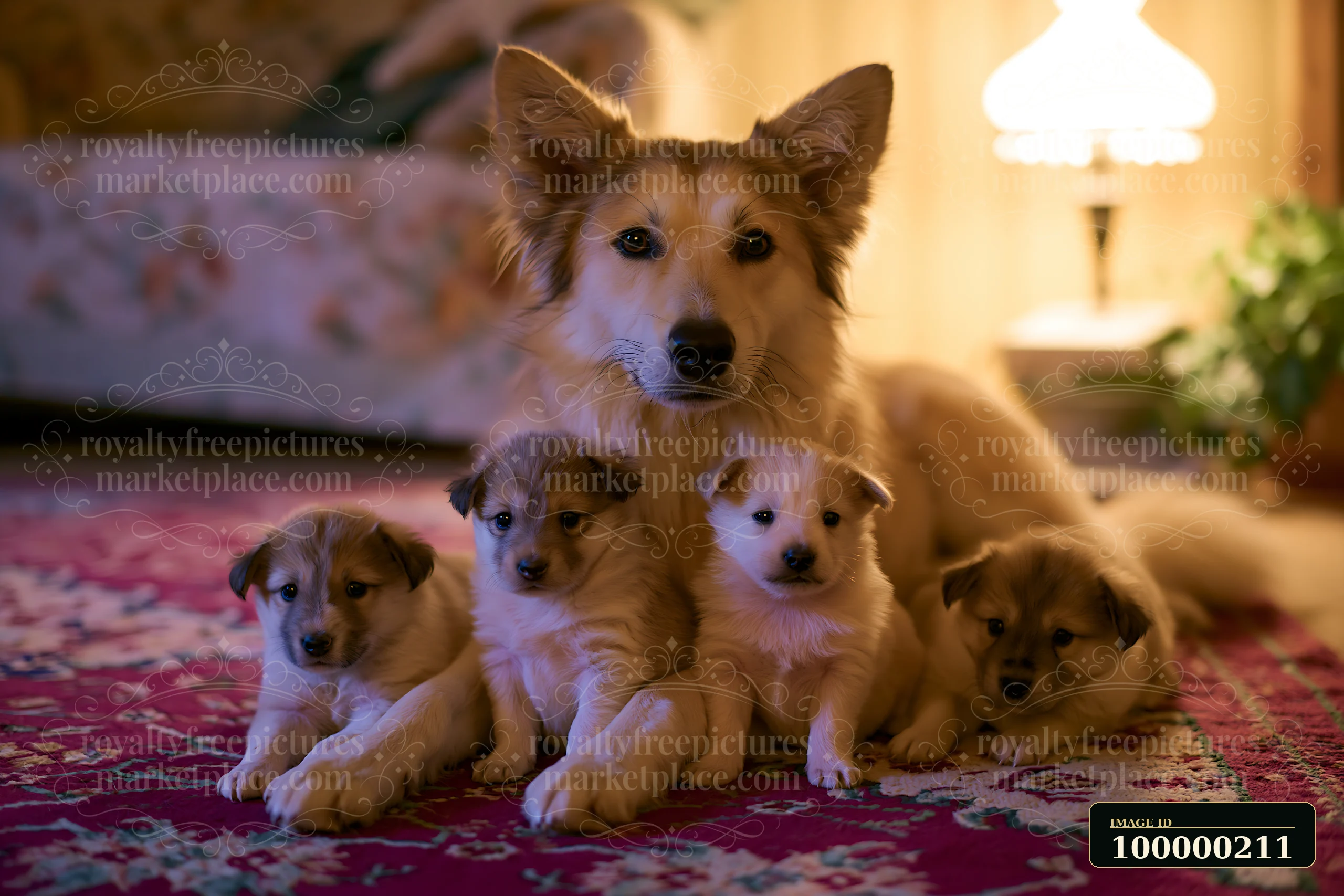 Adult dog sits with four puppies on a patterned rug in a warmly lit interior.