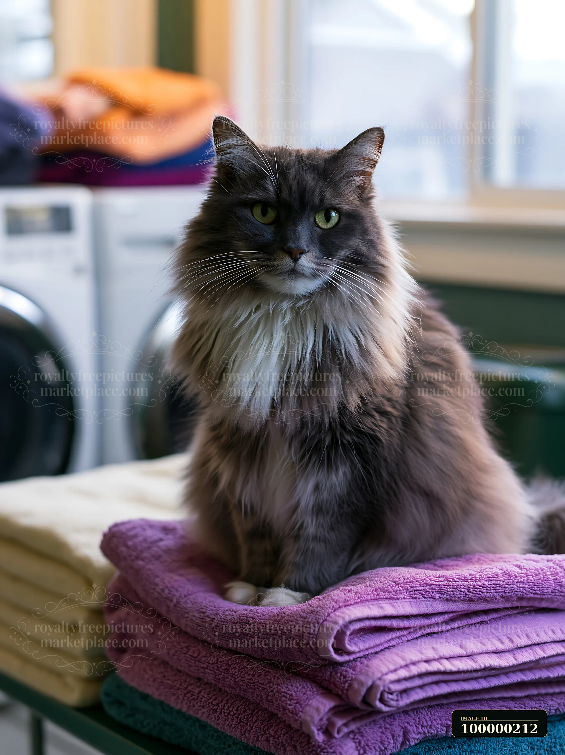 Gray Asian Semi-longhair cat sitting on folded purple blankets indoors near a bright window.