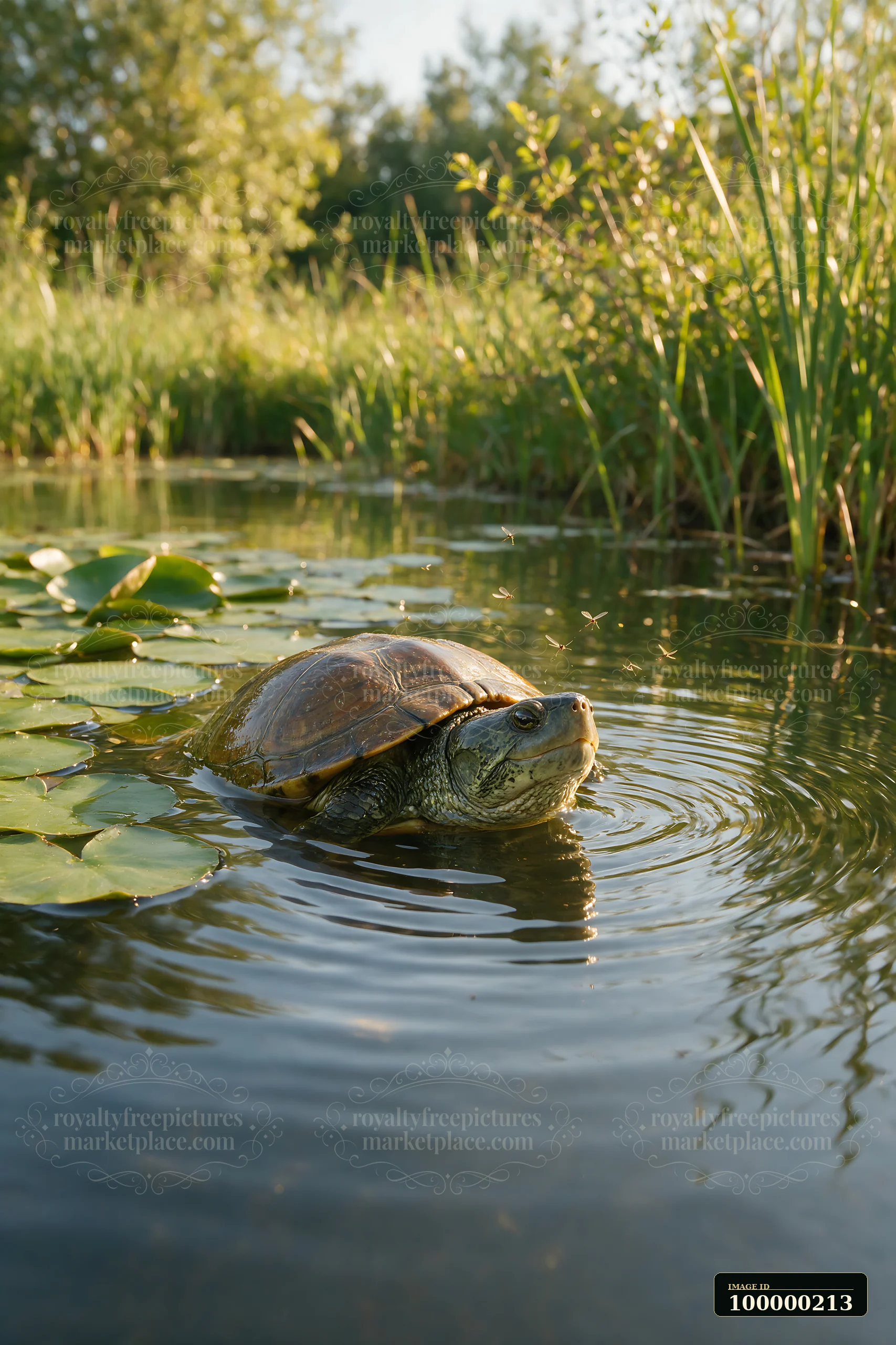 Turtle emerging from calm pond water among lily pads and reeds in warm sunlight.