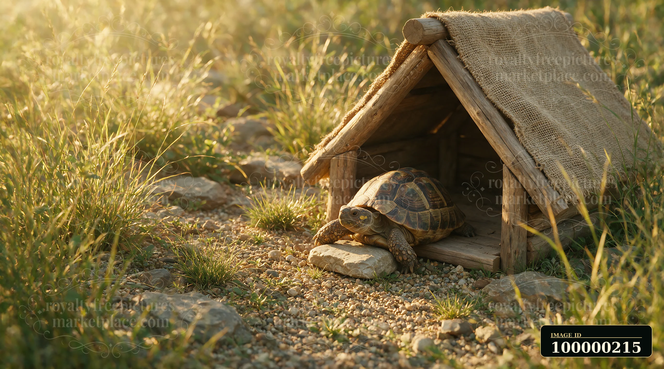 Tortoise resting beside a rustic wooden shelter in a grassy enclosure with stones and gravel.