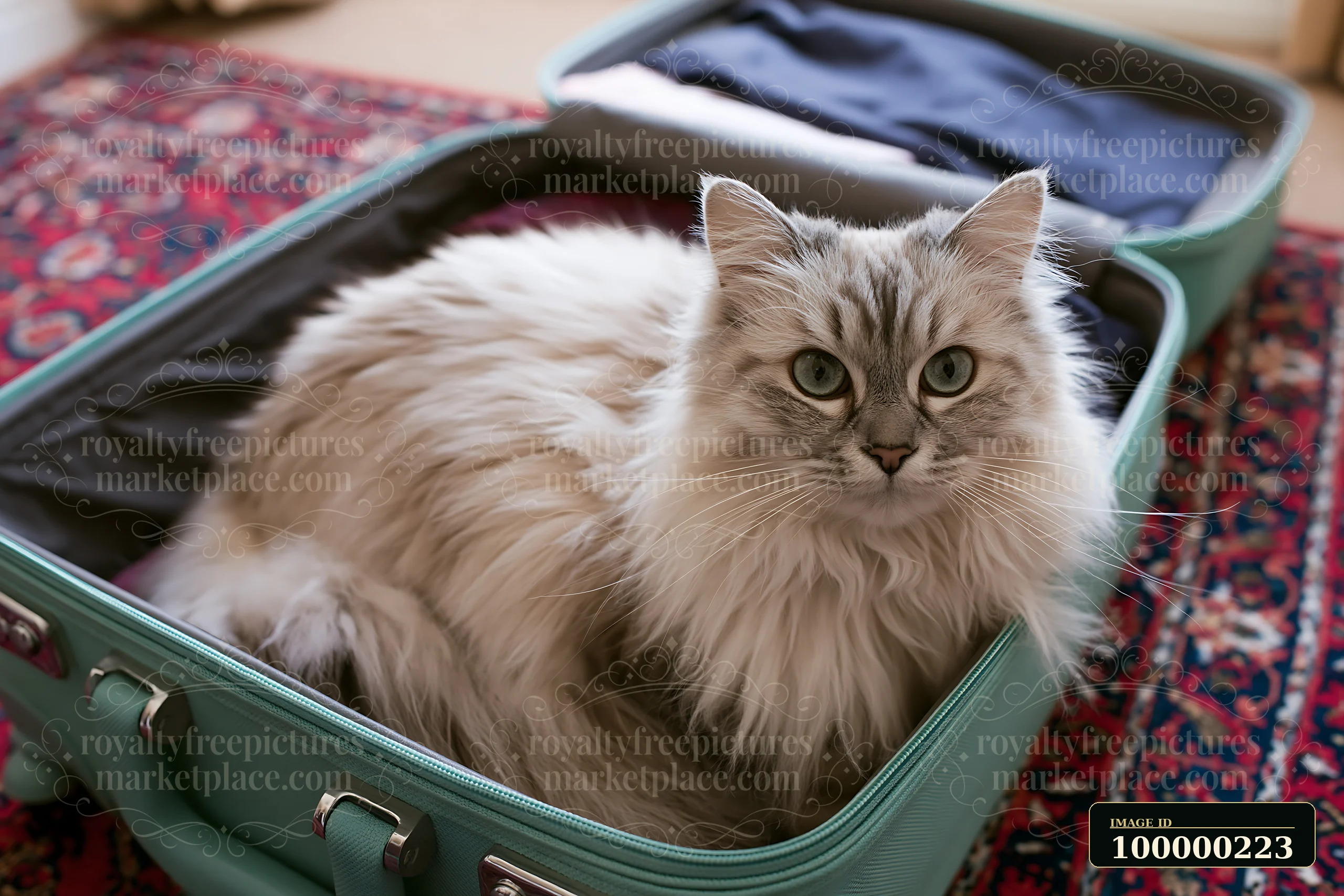 Long-haired cat looks at the camera while sitting inside an open suitcase on a patterned rug.