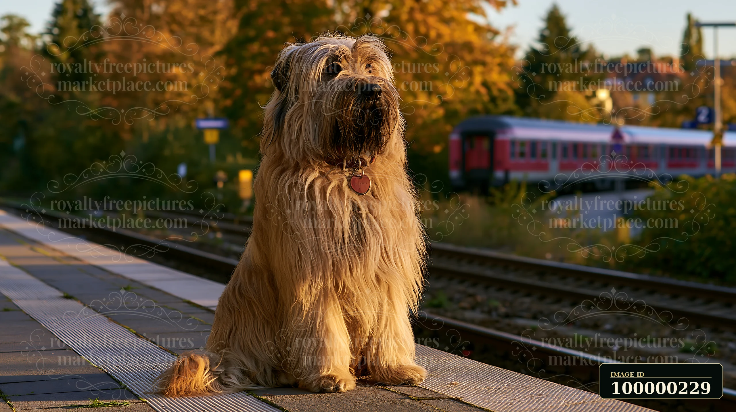 Long-haired dog sits on a railway platform as a train passes behind it at sunset.