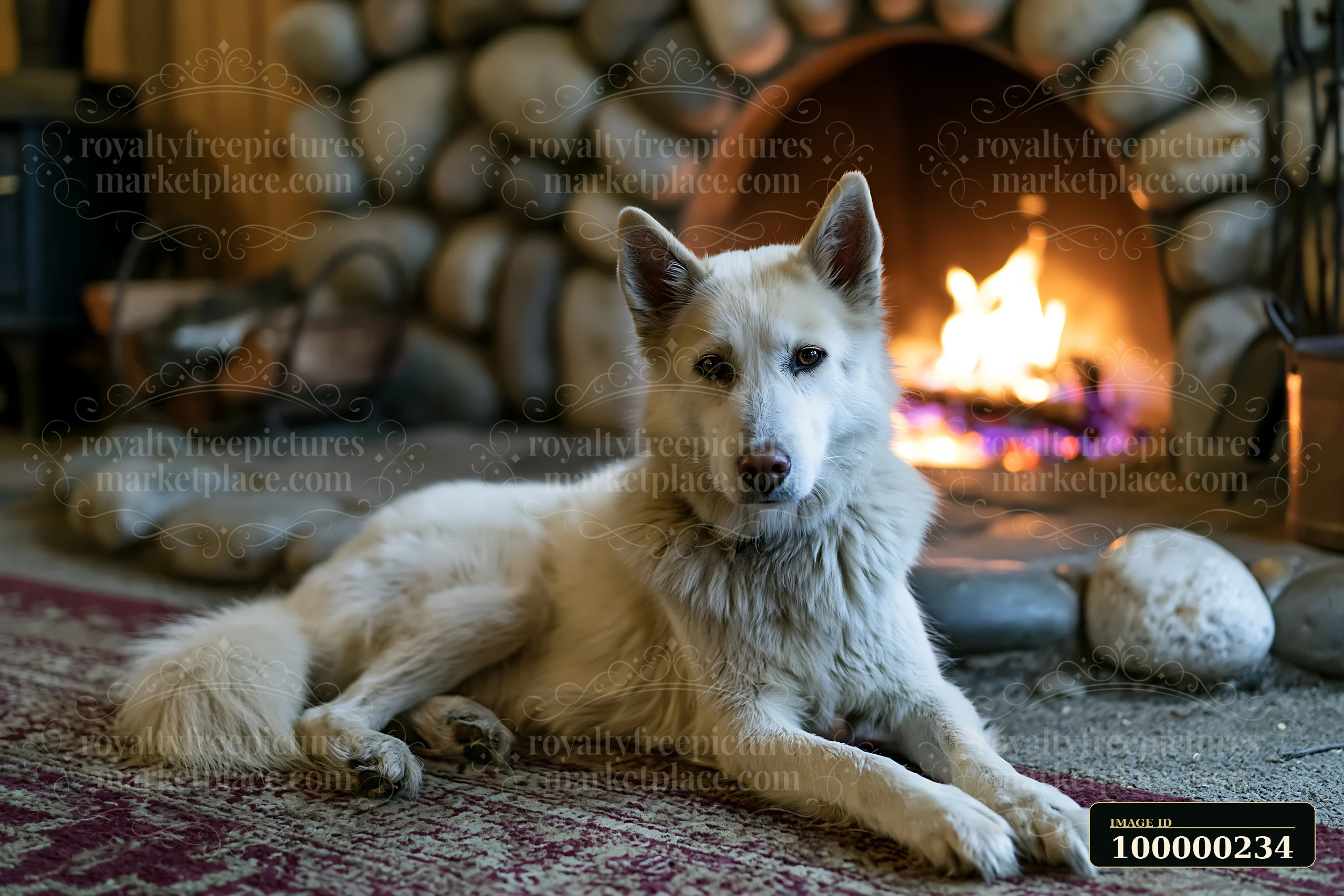 A rare dog breed is relaxing by a fireplace, lying on a soft rug near a warm stone hearth.