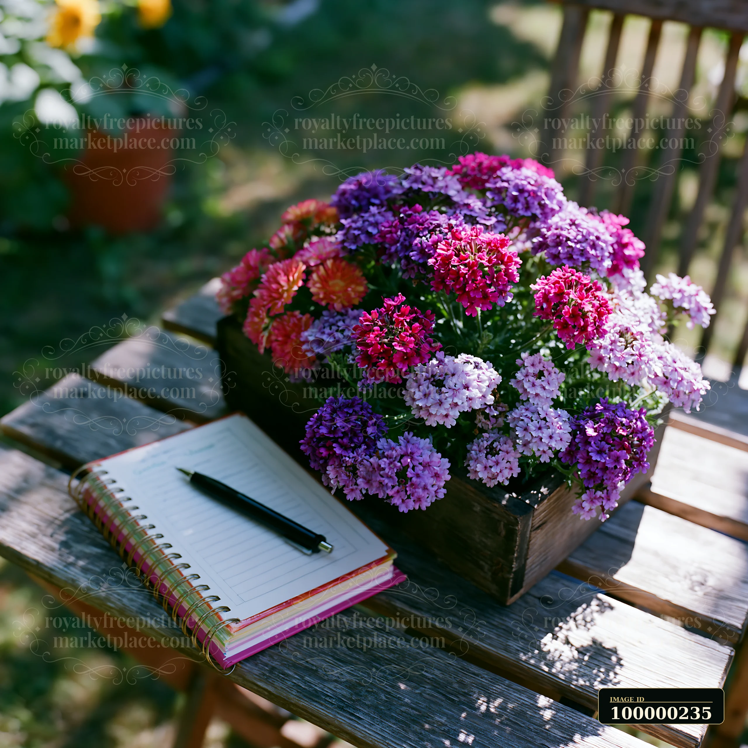 Potted purple and pink flowers beside an open notebook and pen on a sunlit wooden garden table.